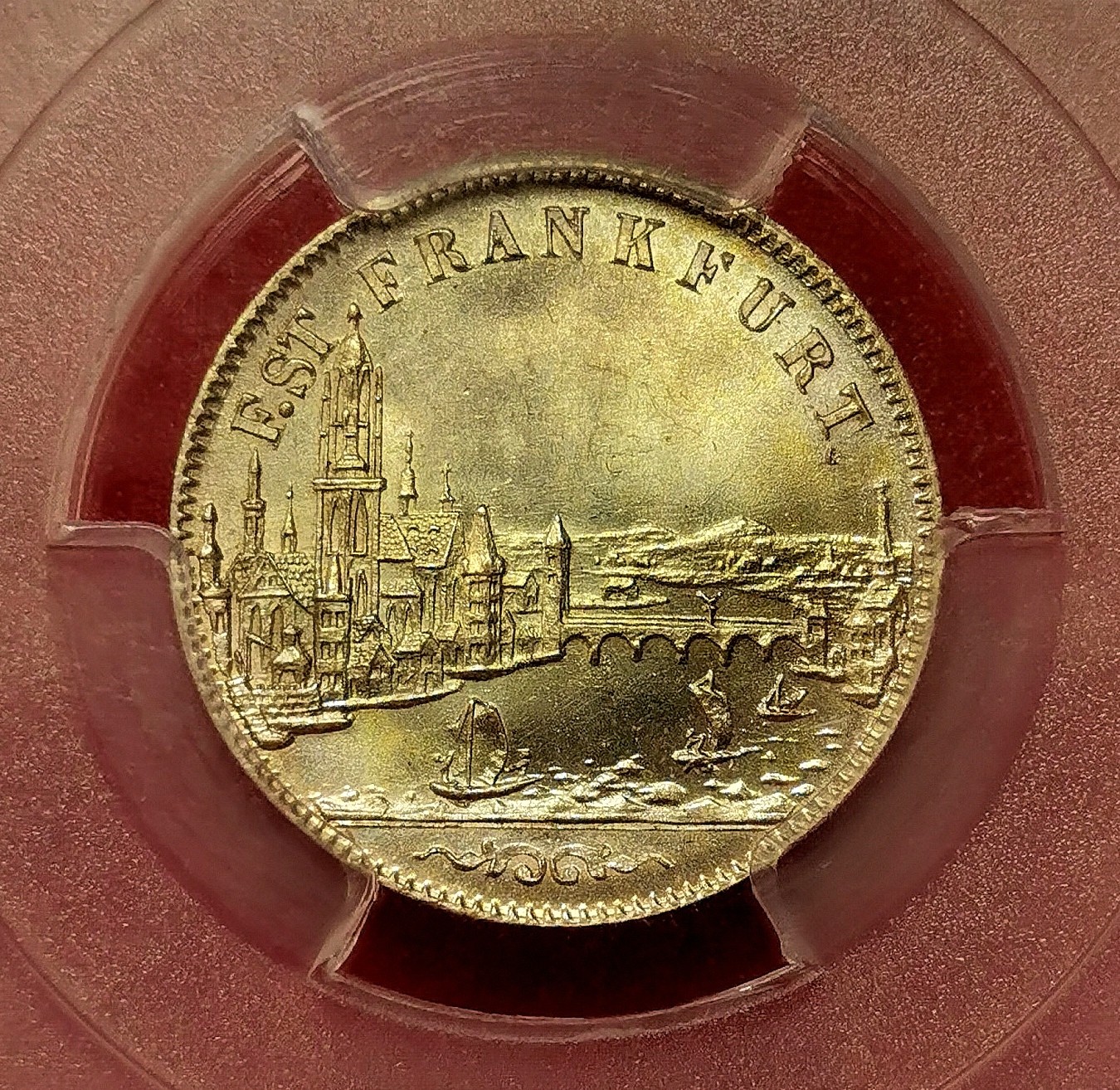 凡希社世界钱币微拍第二百五十期 荐！1856法兰克福城市景观6K银辅币PCGS-MS66高分淡色金彩！