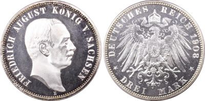 1908年 德国萨克森3马克 精制 银币 PCGS PR67DCAM 唯一记录冠军分！精面与磨砂效果相互呼应 转光层次分明 