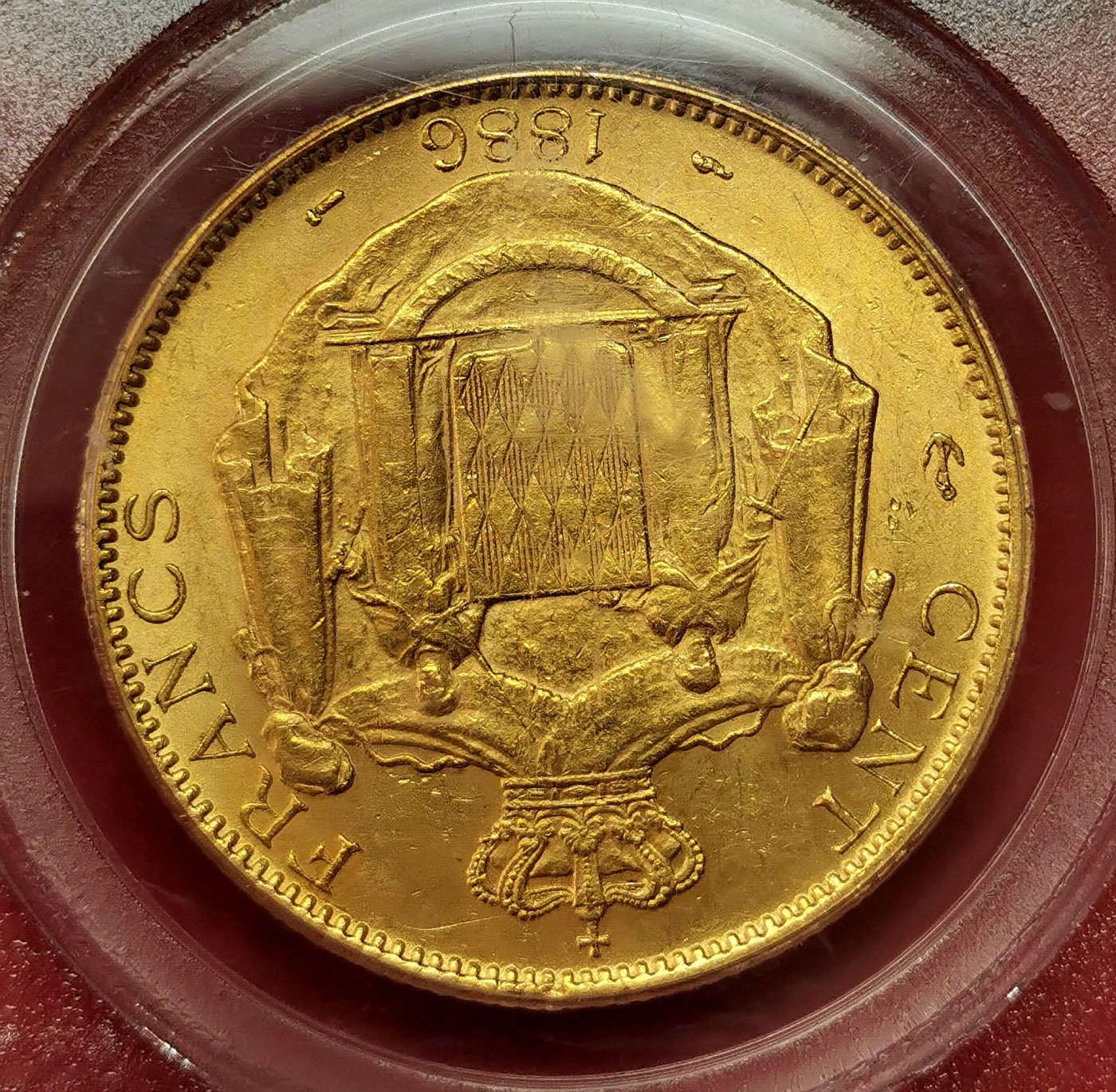 凡希社世界钱币微拍第二百五十期 荐！1886A摩纳哥王国100FR大金PCGS-AU58 32.26g 900金
