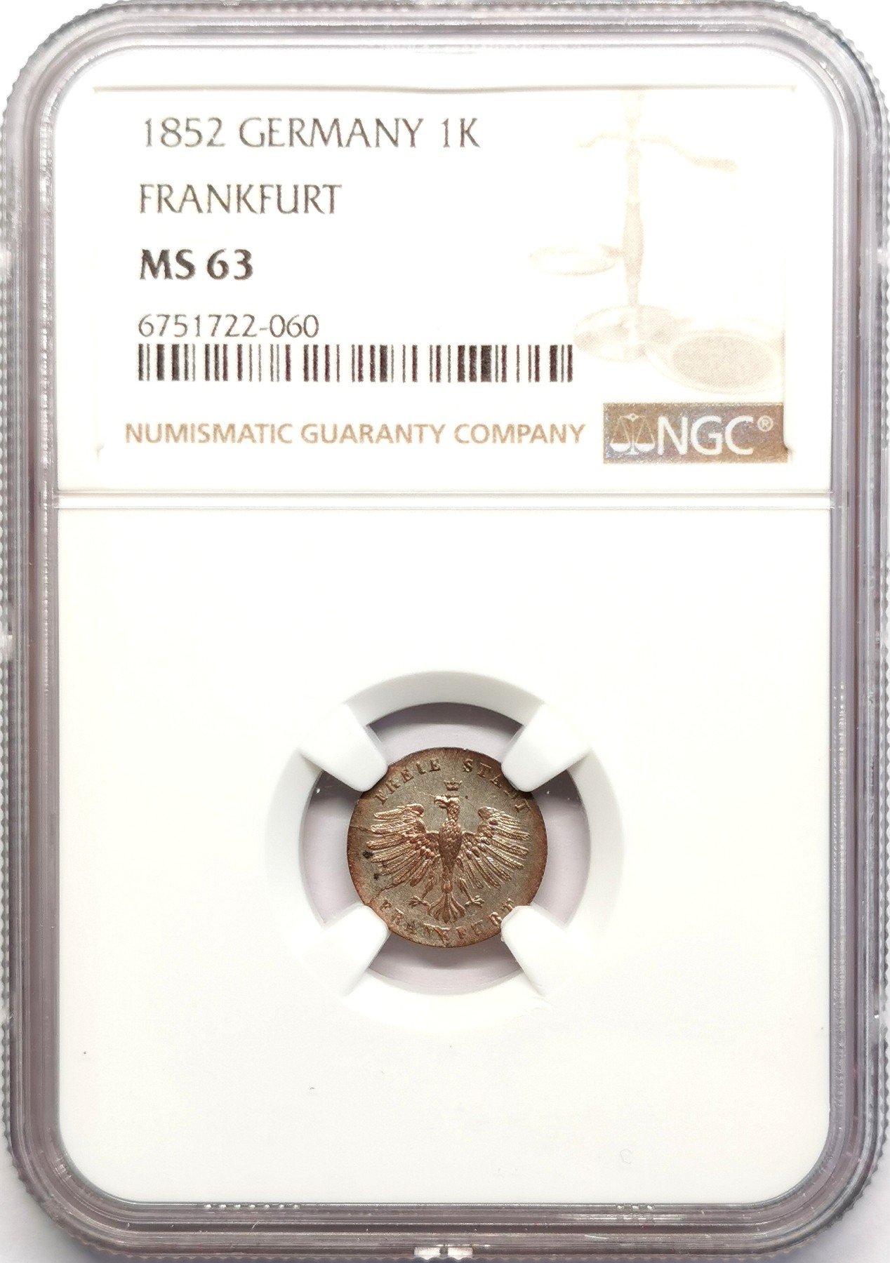 凡希社世界钱币微拍第二百五十期 1852法兰克福克鲁泽银辅币NGC-MS63