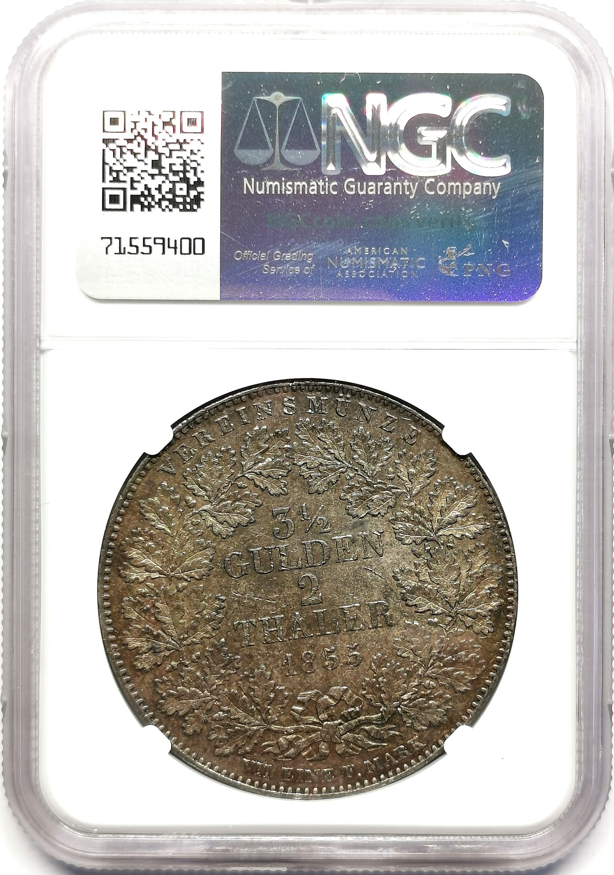 凡希社世界钱币微拍第二百五十期 1855符腾堡2泰勒大银NGC-AU53重五彩！