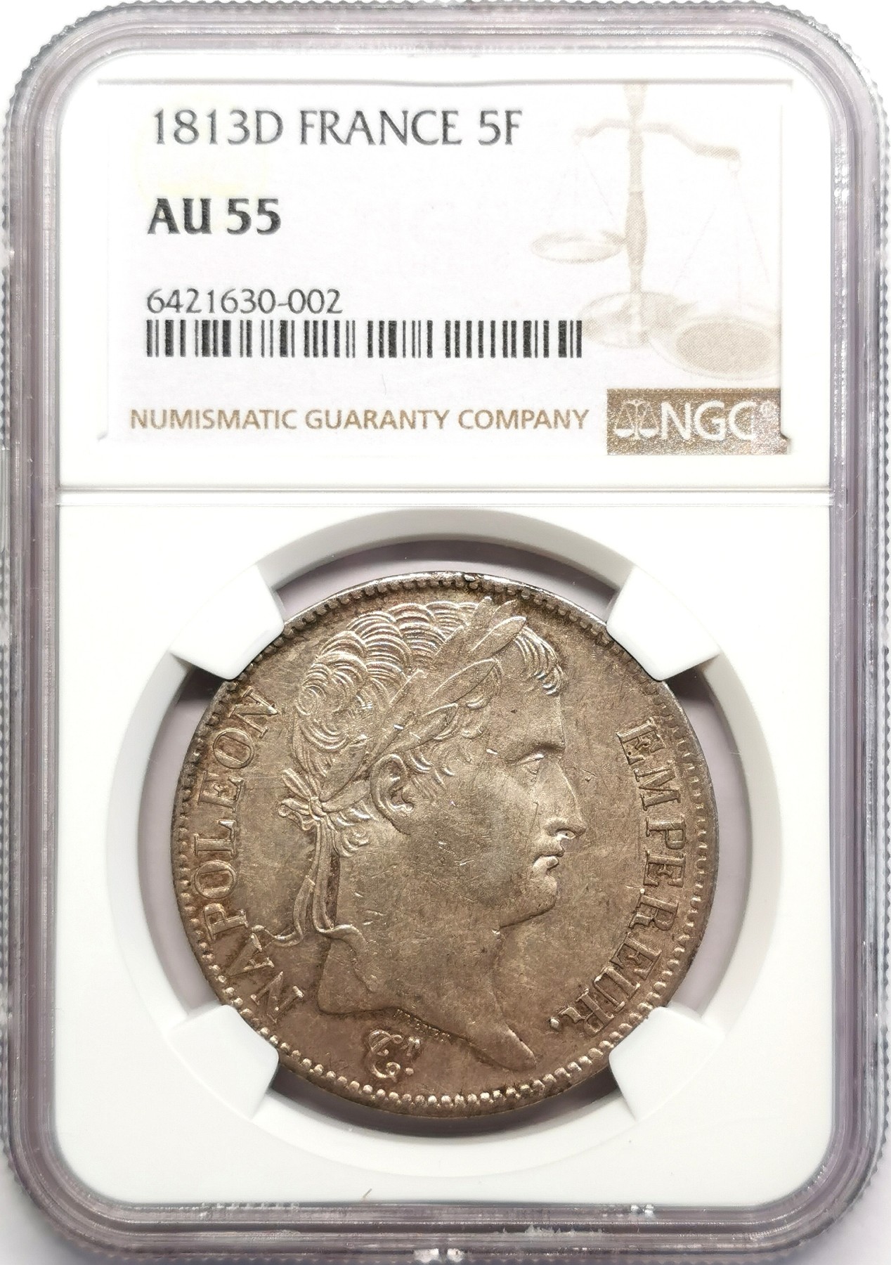 凡希社世界钱币微拍第二百五十期 1813D法国拿破仑桂冠像5法郎大银NGC-AU55味道佳！