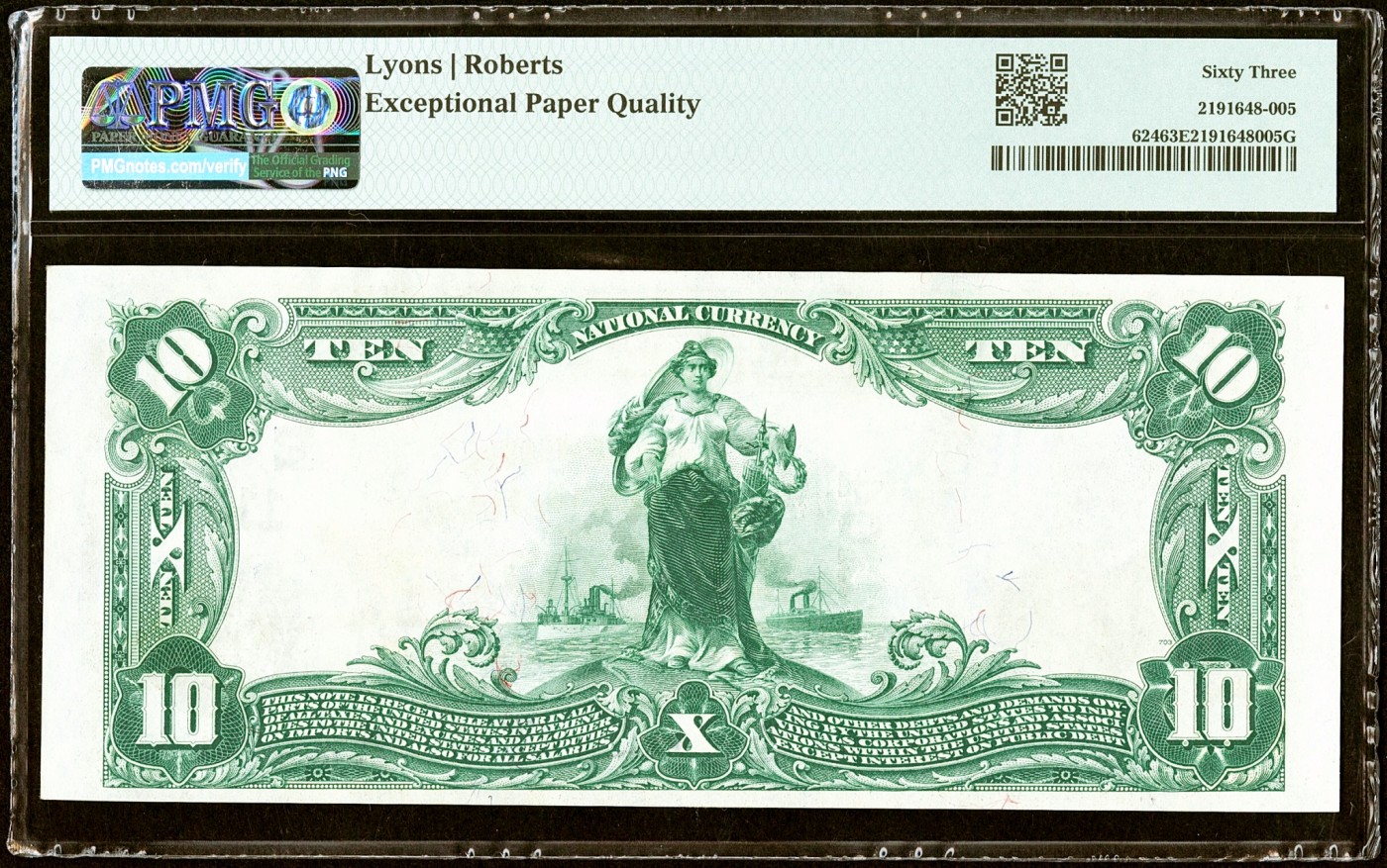 【Blue Auction】✨世界纸币精拍第380期【精】 【升值品种】美国 1902年10美金 PMG63EPQ 全新原票 正面人物为美国第25任总统威廉·麦金莱 500美金纸币上同款人物 大票幅雕刻精美 值得收藏 相同Fr的曾拍过2350美金