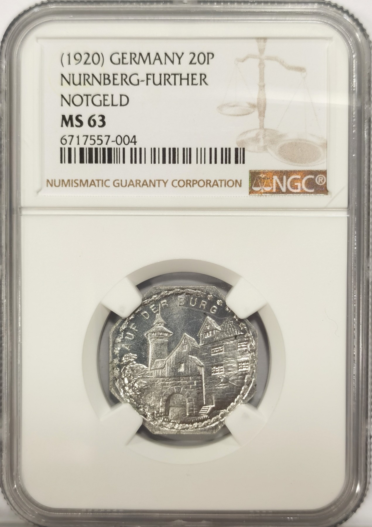 博洋堂世界钱币拍卖第047期（全场包邮） NGC MS63 1920年德国紧急状态时期纽伦堡20芬尼，景观系