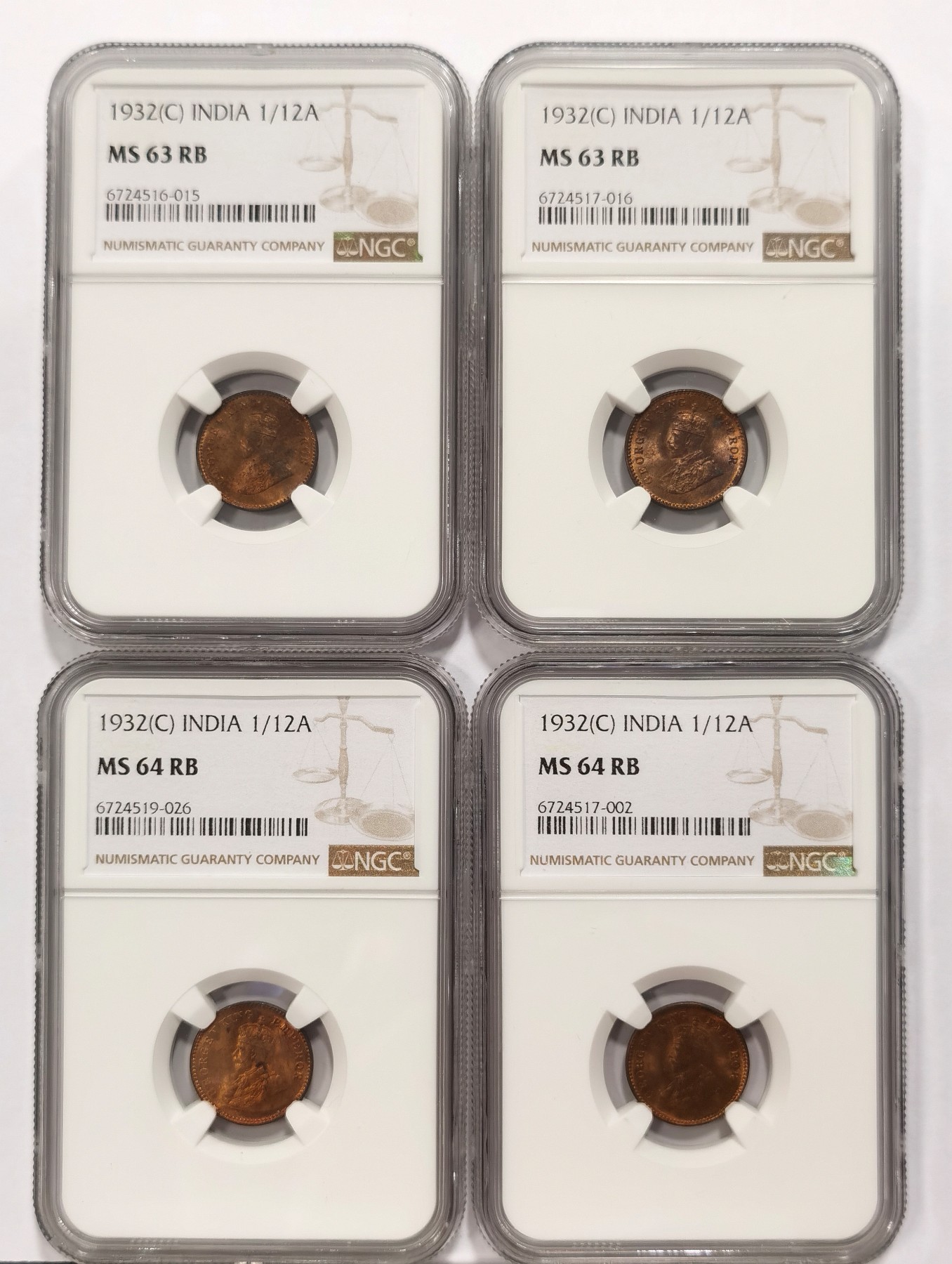 博洋堂世界钱币拍卖第047期（全场包邮） NGC MS63-64RB 英属印度1932C乔五1/12安娜铜币4枚一组，状态都很好