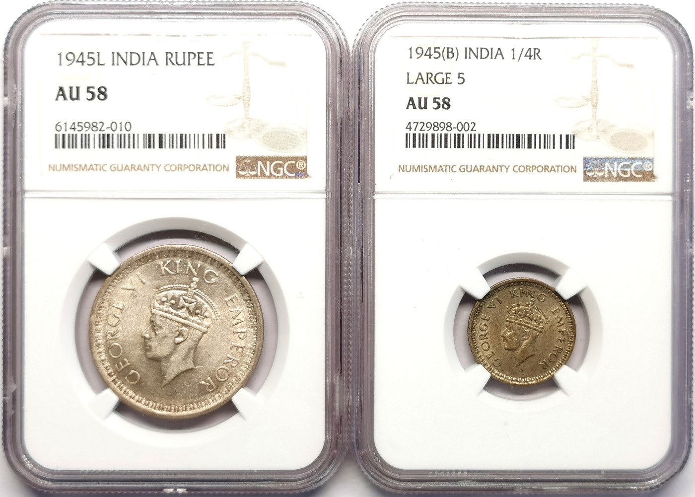 凡希社世界钱币微拍第二百五十期 1945英属印度乔六卢比/1/4卢比NGC-AU58稀见的大五版一对！