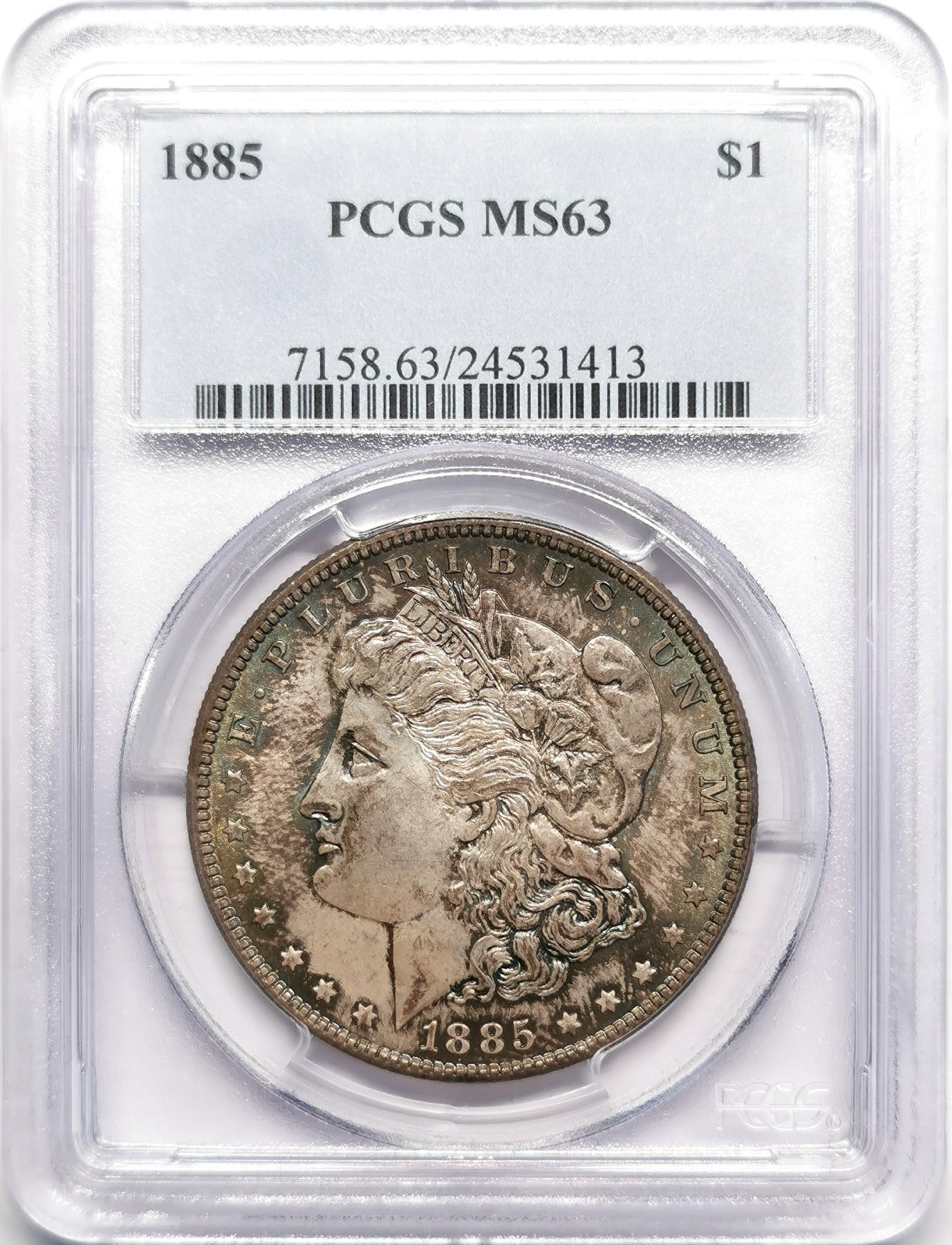 凡希社世界钱币微拍第二百五十期 1885美国摩根壹元PCGS-MS63青绿山水彩～