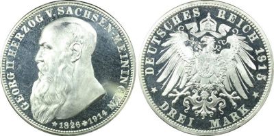 1915年 德国萨克森梅宁根3马克 精制 银币 PCGS PR67DCAM 唯一记录冠军分！精制底板原光层次分明 