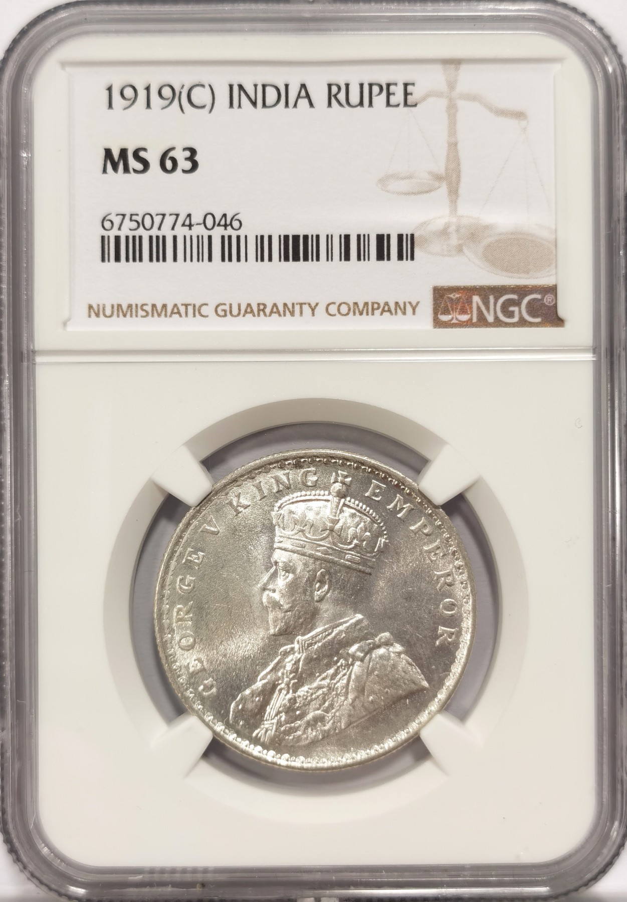 博洋堂世界钱币拍卖第047期（全场包邮） NGC MS63 英属印度1919年C版乔治五世1卢比银币