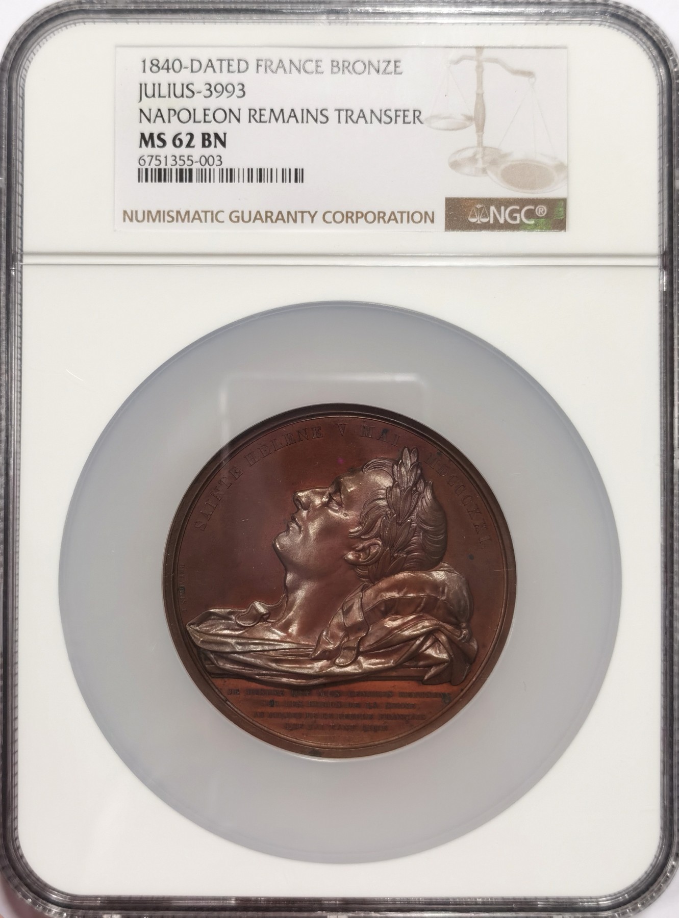 博洋堂世界钱币拍卖第047期（全场包邮） 法国 1840拿破仑魂归故里 铜章 红铜原铸 NGC MS 62