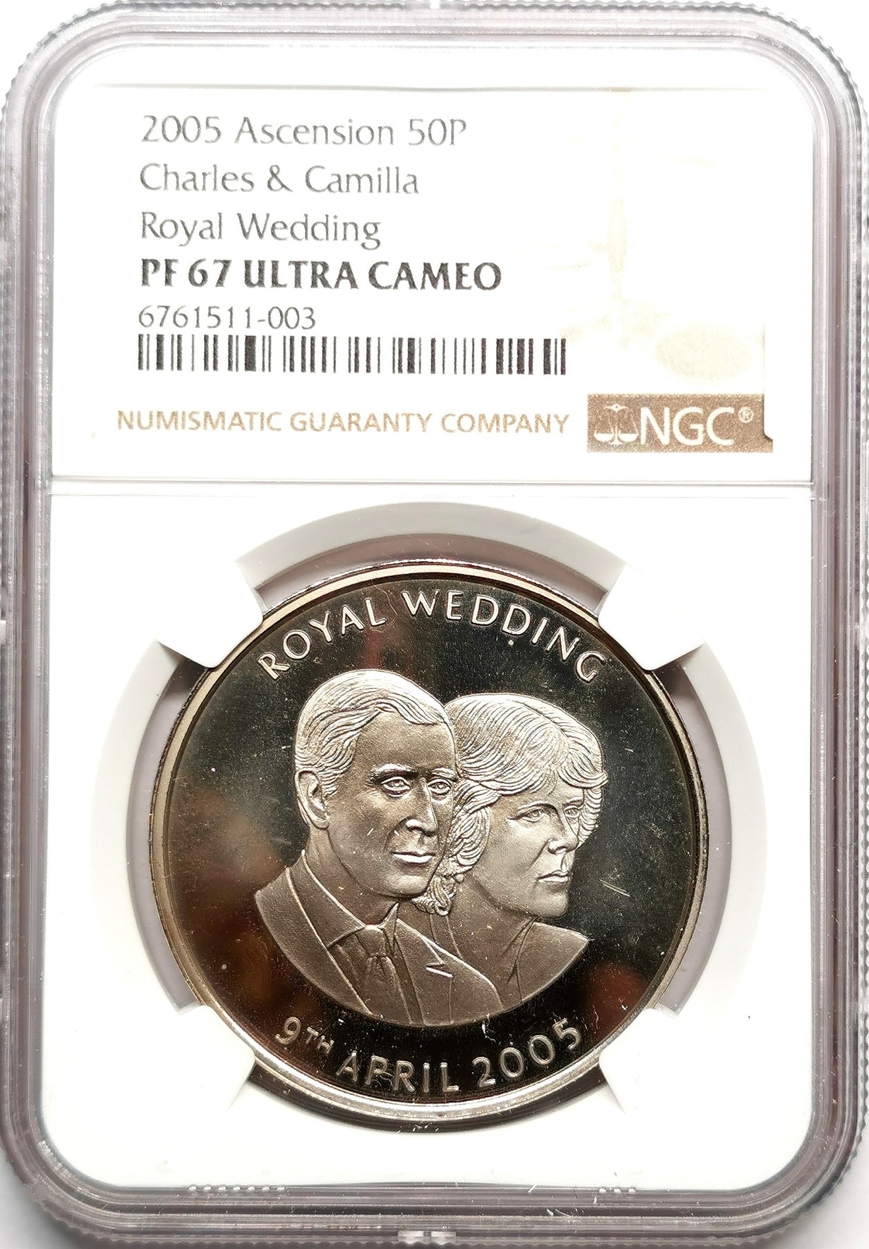 凡希社世界钱币微拍第二百五十期 2005阿森松岛查尔斯与卡米拉大婚纪念50P镍币精铸NGC-PF67UC