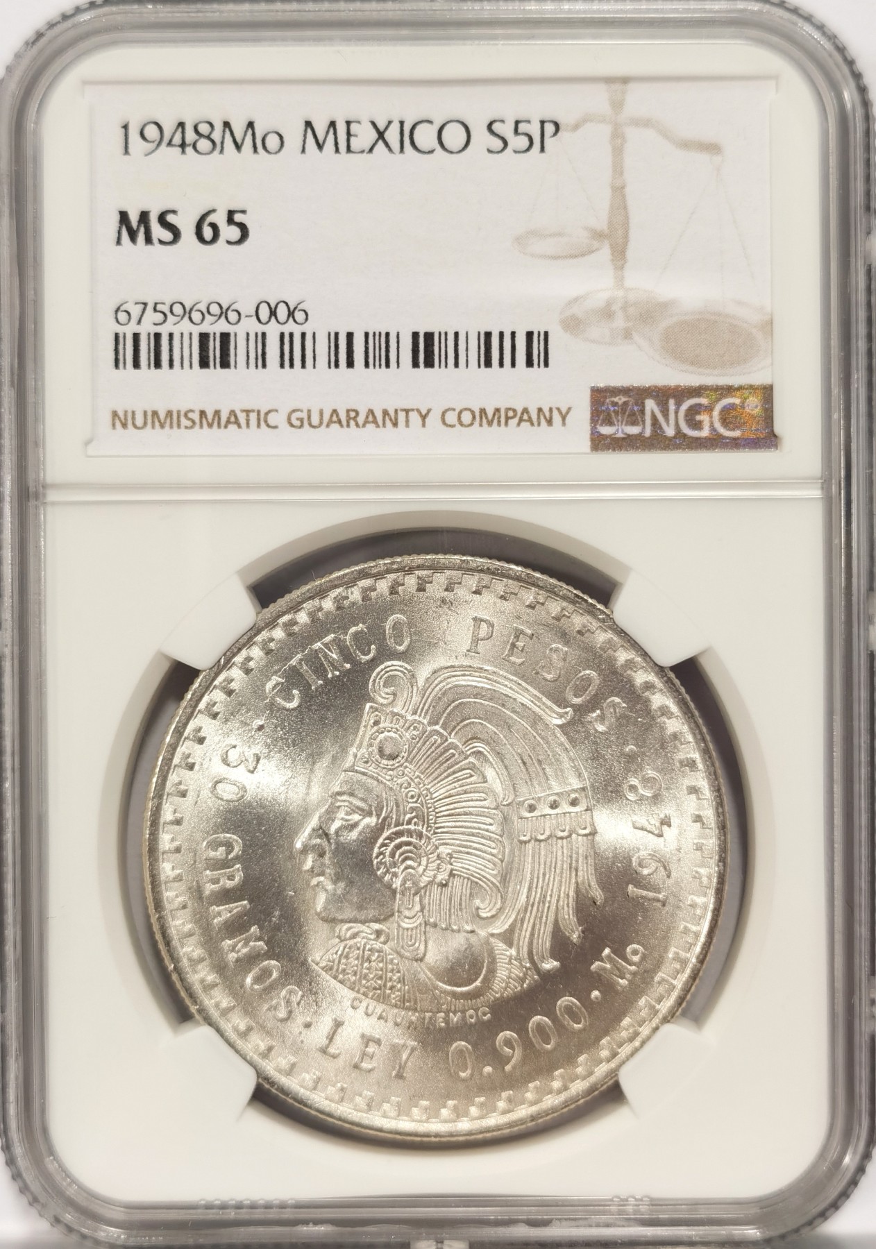 博洋堂世界钱币拍卖第047期（全场包邮） NGC MS65 墨西哥1948年玛雅人5比索大银币，上65分就很难得了