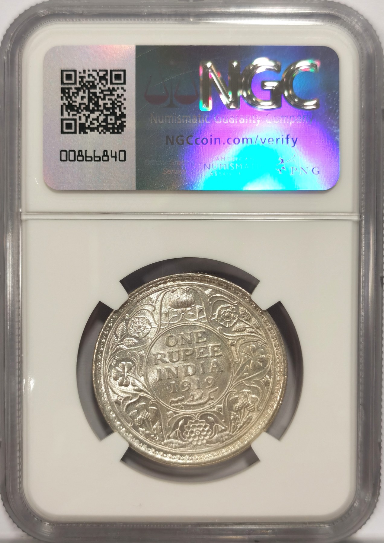 博洋堂世界钱币拍卖第047期（全场包邮） NGC MS63 英属印度1919年C版乔治五世1卢比银币