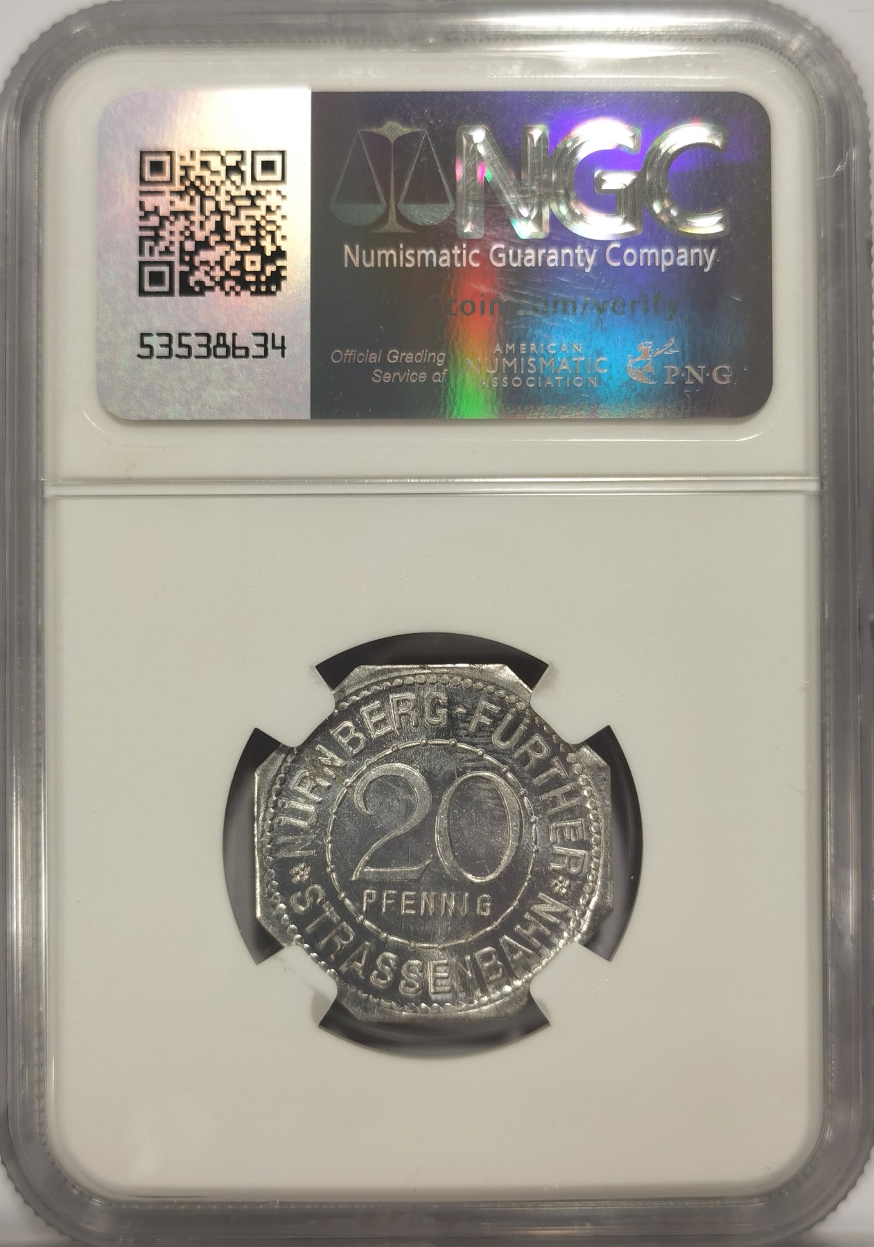 博洋堂世界钱币拍卖第047期（全场包邮） NGC MS63 1920年德国紧急状态时期纽伦堡20芬尼，景观系