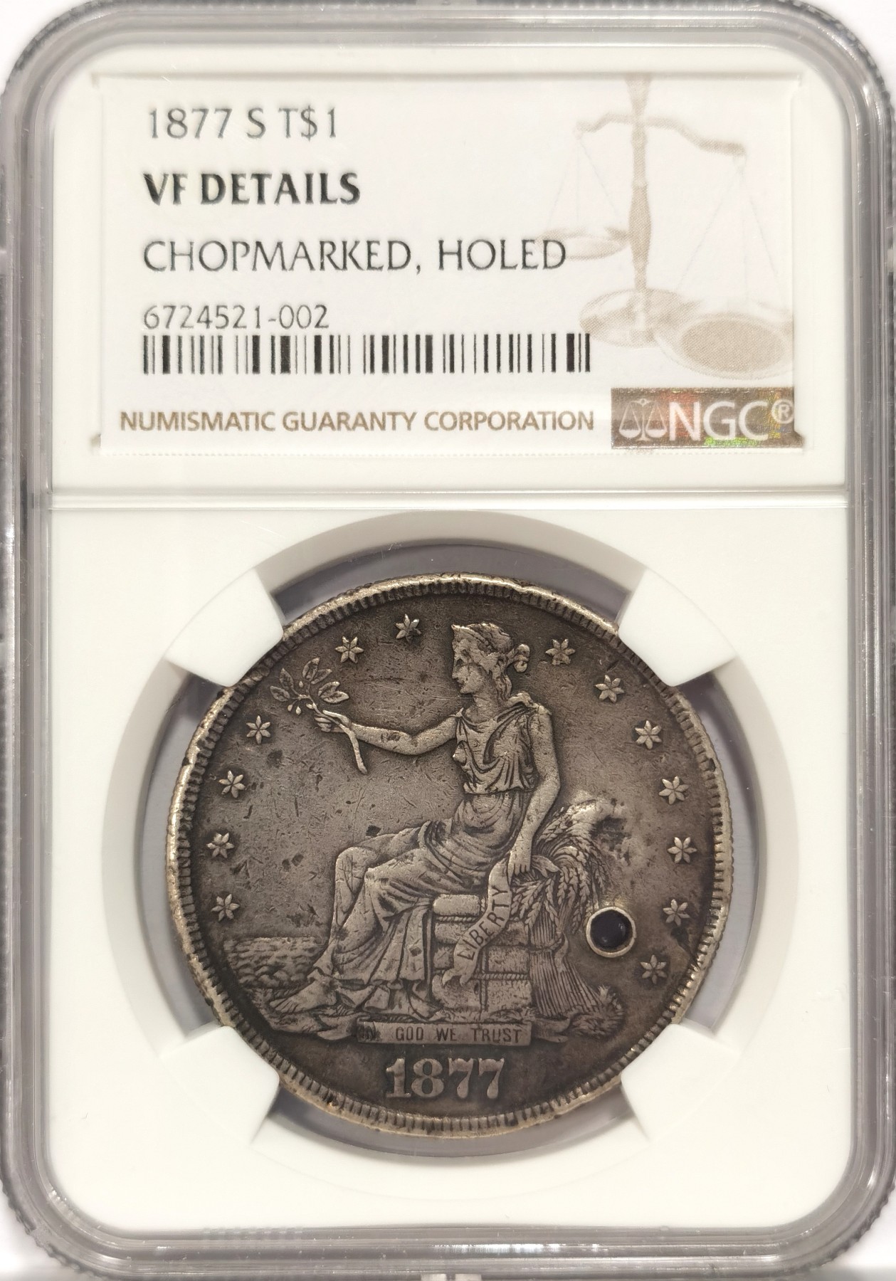 博洋堂世界钱币拍卖第047期（全场包邮） NGC VF 美国1877年拿花贸易银币，清晰“䇃”字戳