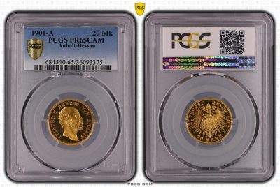 1901年 德国安哈特-德绍精制20马克 精制 金币 PCGS PR65CAM 唯一记录冠军分！充分体现黄金特有光泽
