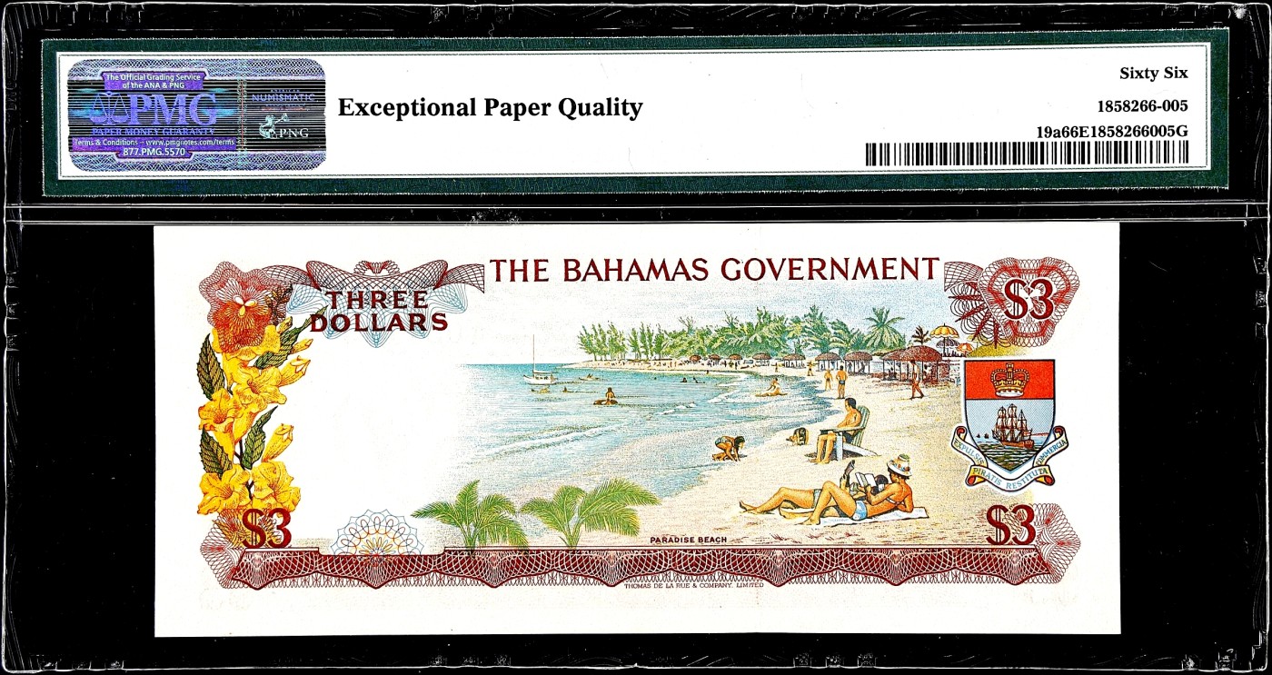 【Blue Auction】✨世界纸币精拍第380期【精】 【初版 A冠】巴哈马 彩背 1965年3元 PMG66EPQ  女王