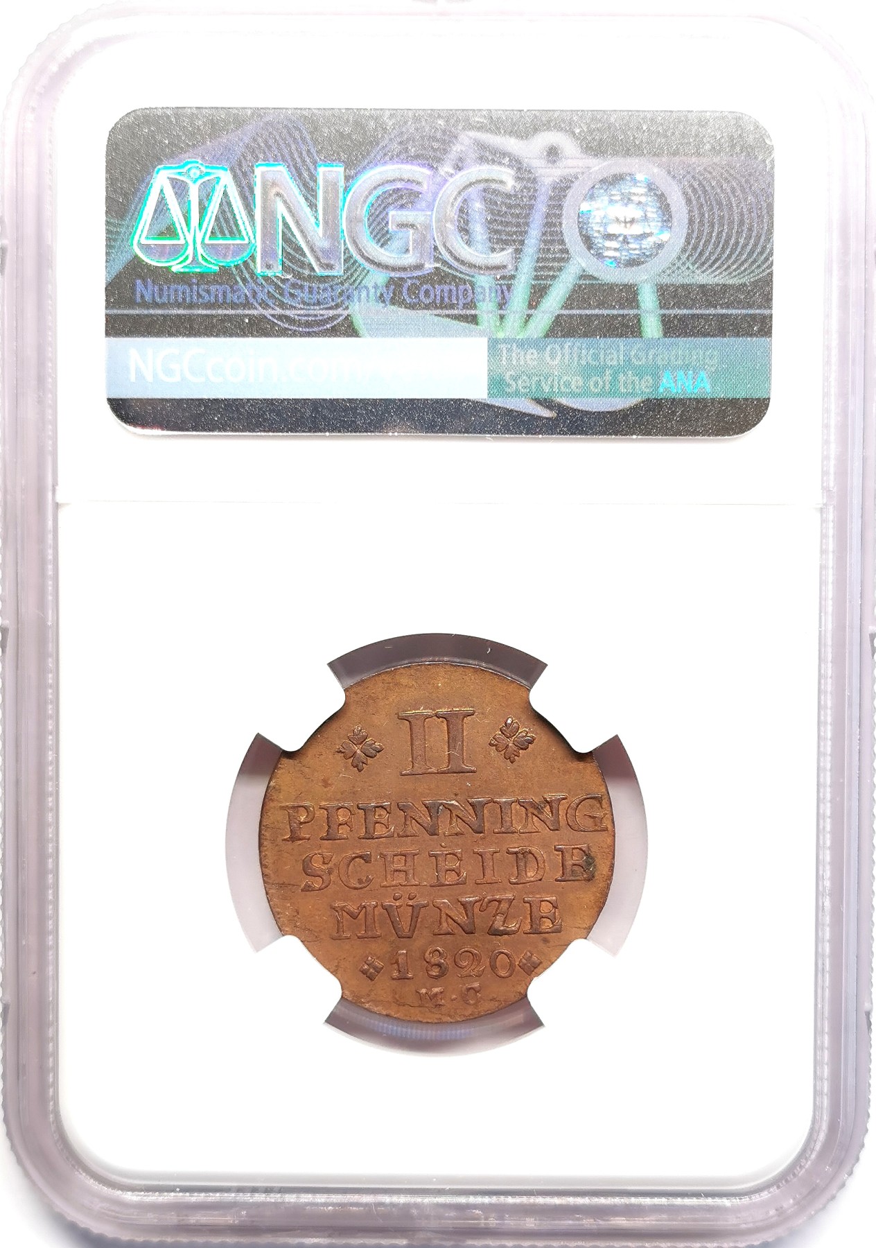 凡希社世界钱币微拍第二百五十期 1820布伦瑞克沃芬布特飞马2芬尼铜辅币NGC-MS62少见品种！