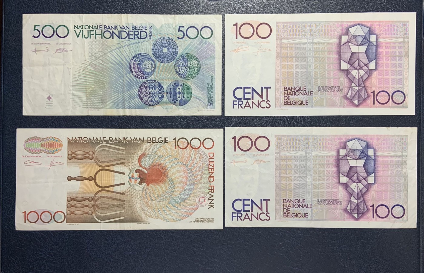 收藏联盟Quantum Auction 第296期拍卖  比利时1978-94年100，500和1000法郎4张 非全新 品相如图