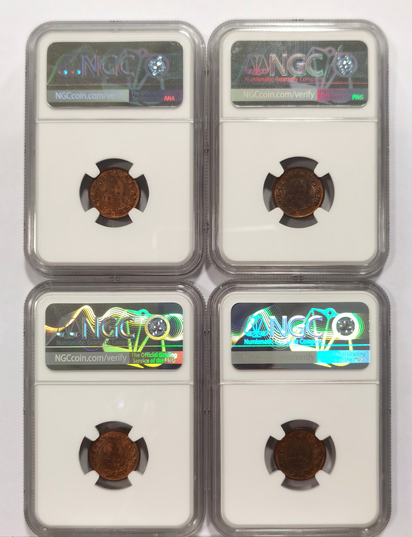 博洋堂世界钱币拍卖第047期（全场包邮） NGC MS63-64RB 英属印度1932C乔五1/12安娜铜币4枚一组，状态都很好