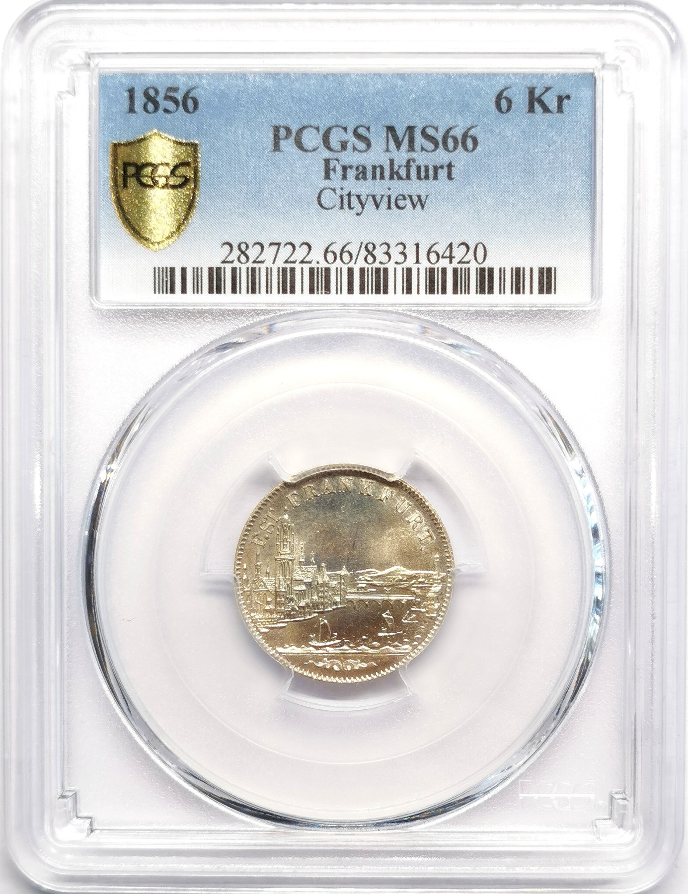 凡希社世界钱币微拍第二百五十期 荐！1856法兰克福城市景观6K银辅币PCGS-MS66高分淡色金彩！