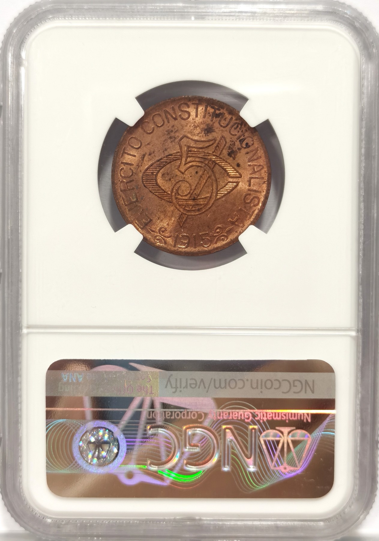 博洋堂世界钱币拍卖第047期（全场包邮） NGC MS63RD 墨西哥1915年革命时期Chihuahua奇瓦瓦5C铜币