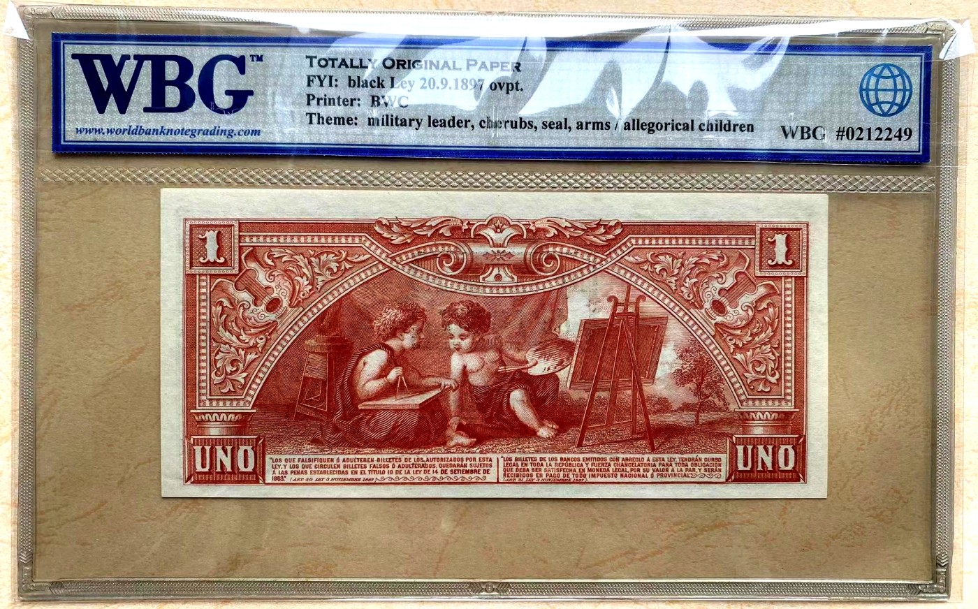 【Blue Auction】✨世界纸币精拍第380期【精】  【唯一冠军分 全新原票品相罕见 珍品实钞】阿根廷 1888年1比索 WBG63EPQ 设计非常精巧童趣十足 PMG最高分仅55  BWC出品雕刻精美