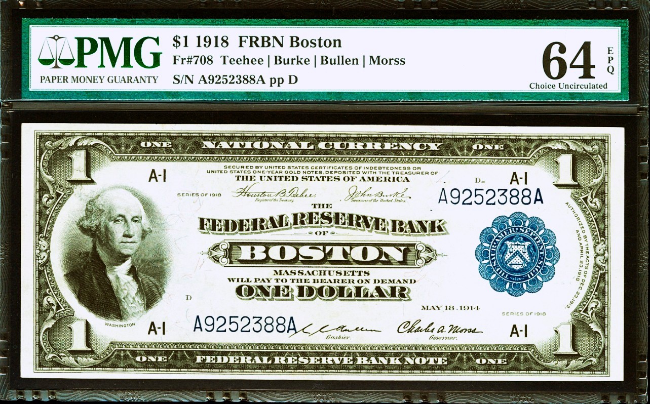 【Blue Auction】✨世界纸币精拍第380期【精】  【AA冠88尾无47 好号难得 最早Fr版本708】美国 1918年1美金 华盛顿 飞鹰 雕刻非常精美 PMG64EPQ 大票幅  早期老美金已经涨了不少  