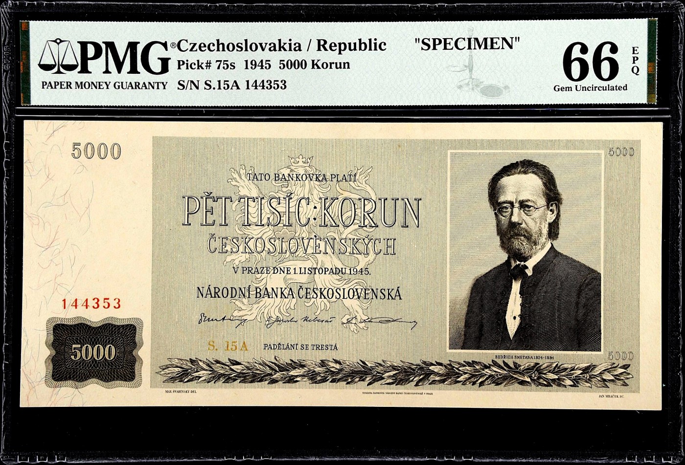 【Blue Auction】✨世界纸币精拍第380期【精】 【冠军分】捷斯 1945年5000克朗 PMG66EPQ 大票幅 音乐家斯塔美那 性价比超高 热门升值品种 样钞 