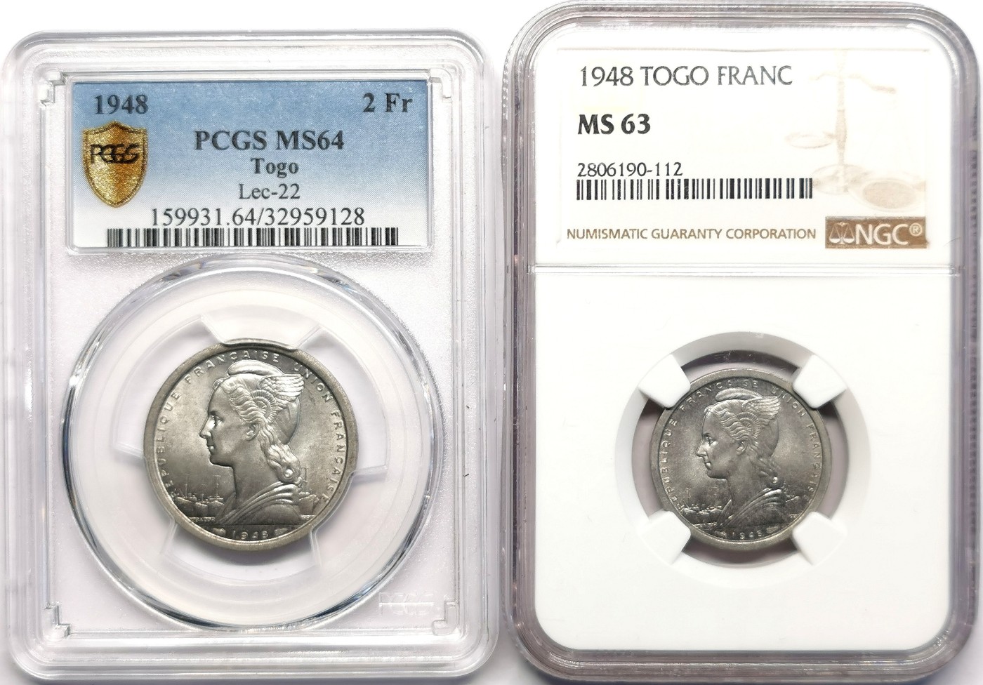 凡希社世界钱币微拍第二百五十期 1948法属多哥FR/2FR一对N/P收藏级！