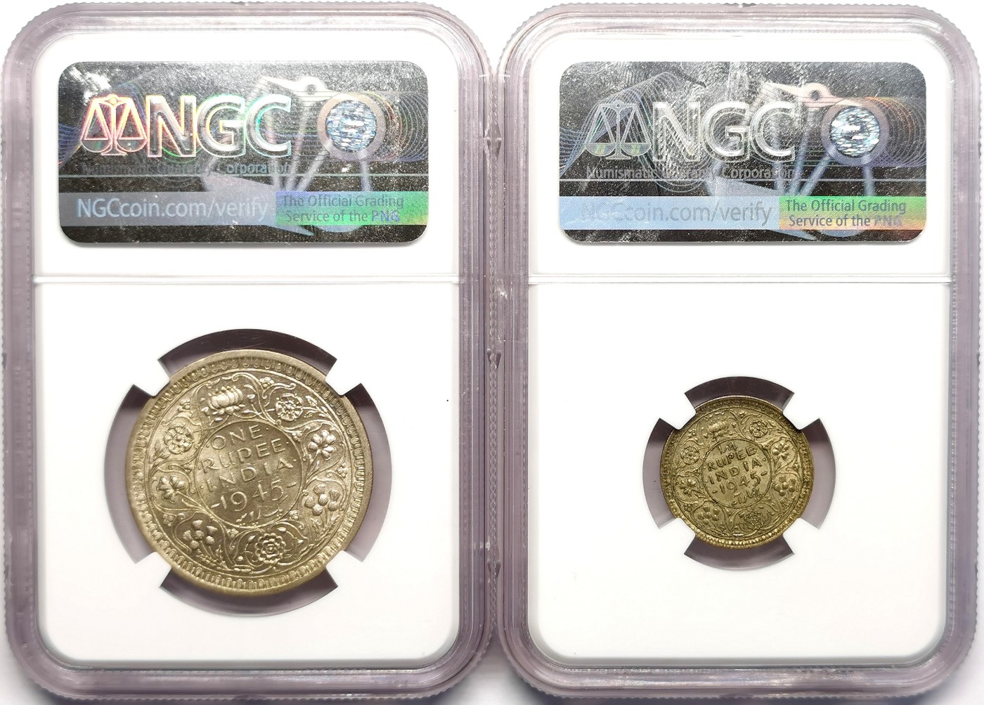 凡希社世界钱币微拍第二百五十期 1945英属印度乔六卢比/1/4卢比NGC-AU58稀见的大五版一对！