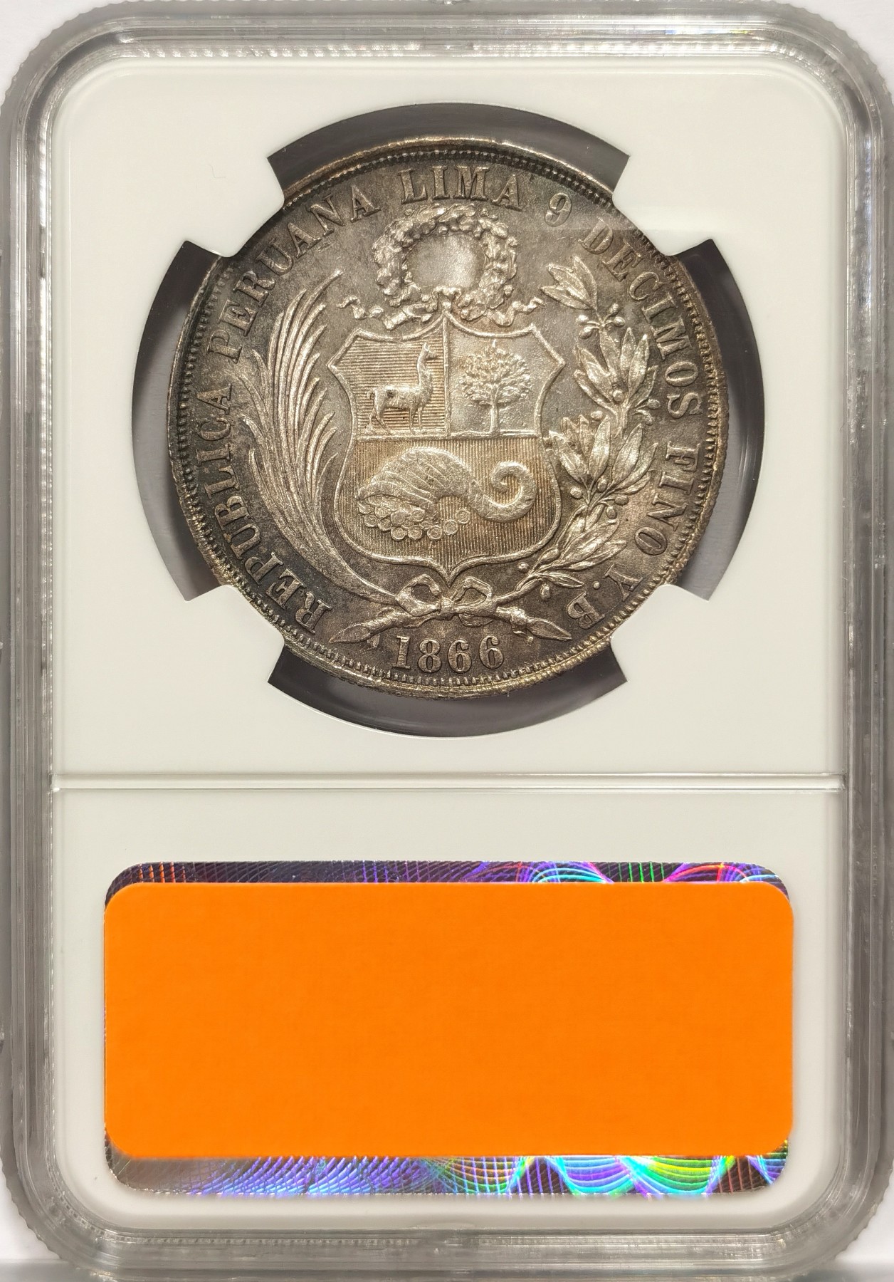 博洋堂世界钱币拍卖第047期（全场包邮） NGC MS63 秘鲁1866/56年份骑字YB索尔银币，传世包浆