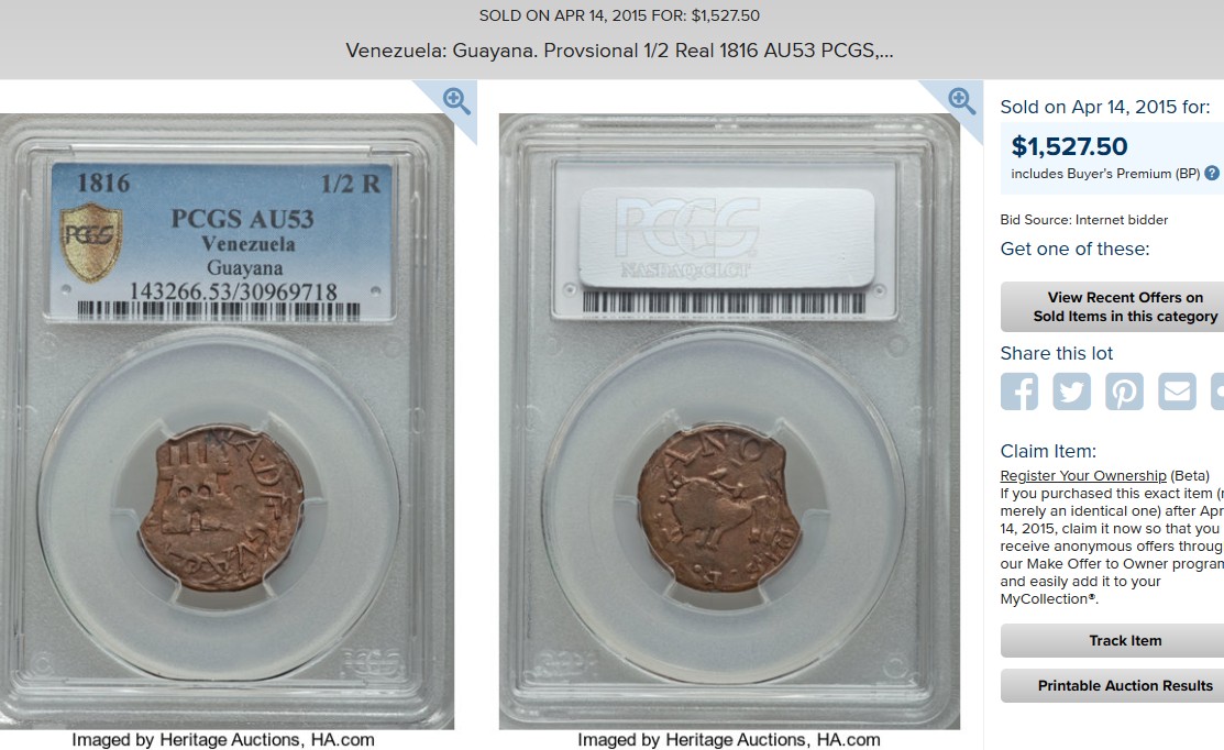 博洋堂世界钱币拍卖第047期（全场包邮） NGC AU53BN Mint Error 委内瑞拉圭亚那省1816年1/2Real，极少见品种，2015年有一枚PC同分成交1500多美金