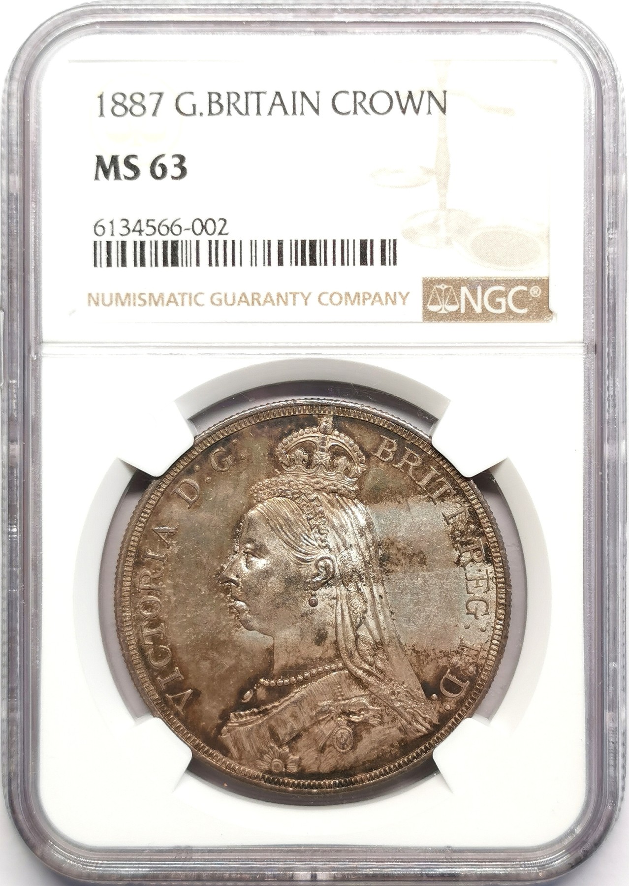 凡希社世界钱币微拍第二百五十期 1887英国老维高冠马剑大银NGC-MS63灰彩底板一流！