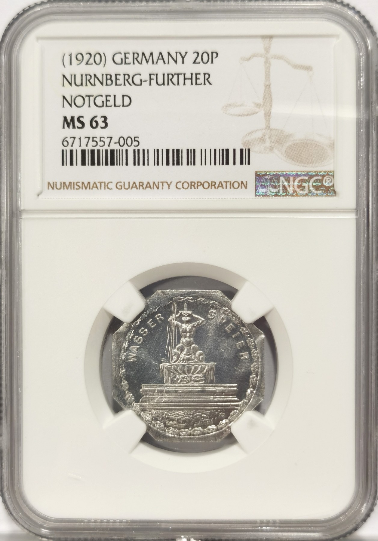 博洋堂世界钱币拍卖第047期（全场包邮） NGC MS63 1920年德国紧急状态时期纽伦堡20芬尼，景观系