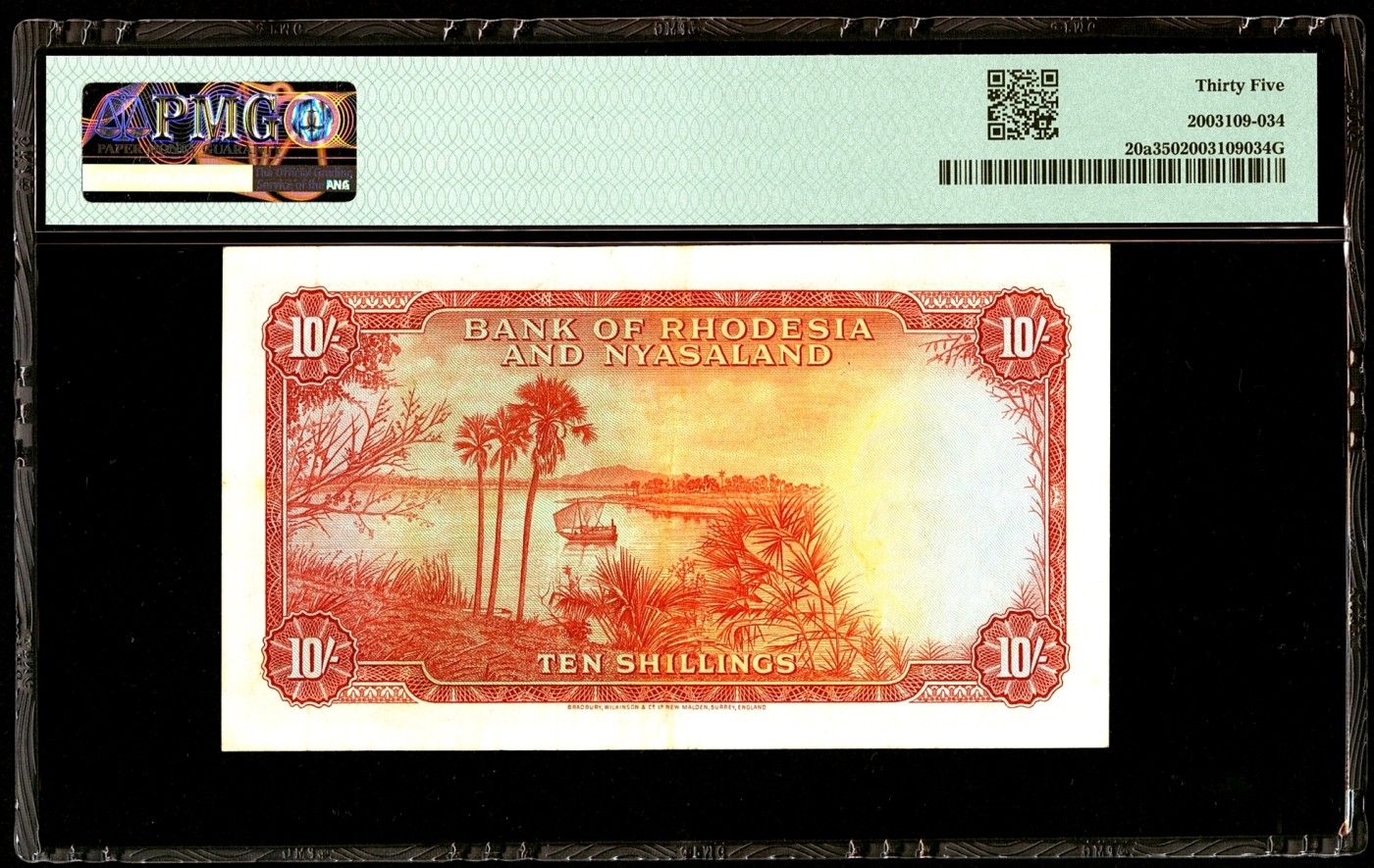 【Blue Auction】✨世界纸币精拍第380期【精】 罗德西亚和尼亚萨兰 1957年10先令 BWC出品 大冠女王 背面很有意境唯美 PMG35 