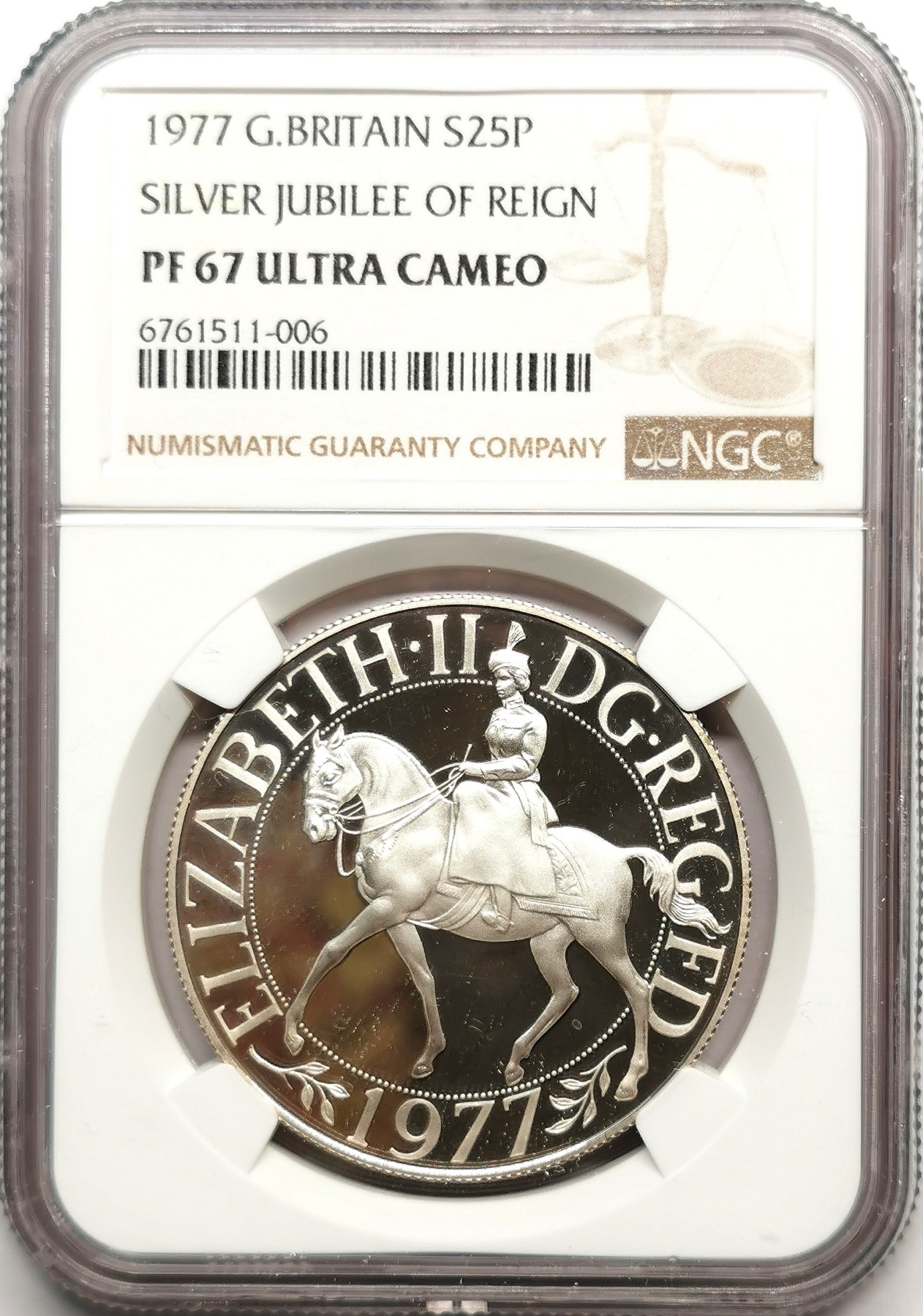 凡希社世界钱币微拍第二百五十期 1977英国伊丽莎白加冕纪念25P大银精铸NGC-PF67UC