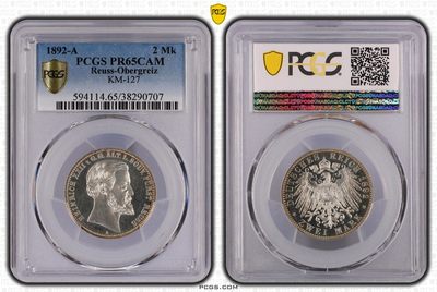 1892年 德国罗斯-尚格里茨2马克 精制 银币 PCGS PR65CAM 犀利原光中点缀局部淡金包浆 使得整体品相带有别样色彩