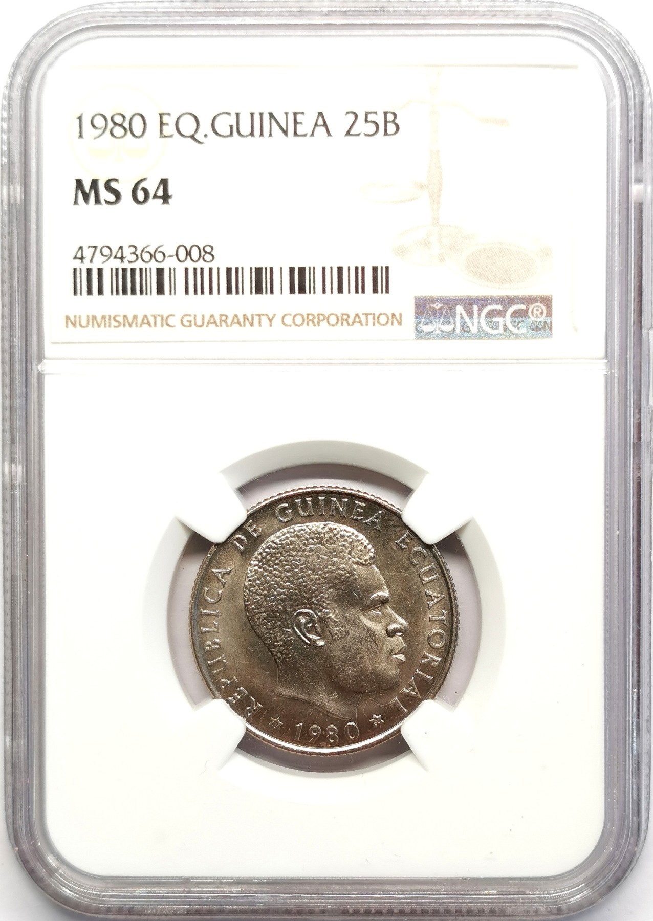 凡希社世界钱币微拍第二百五十期 1980赤道几内亚25Bip NGC-MS64