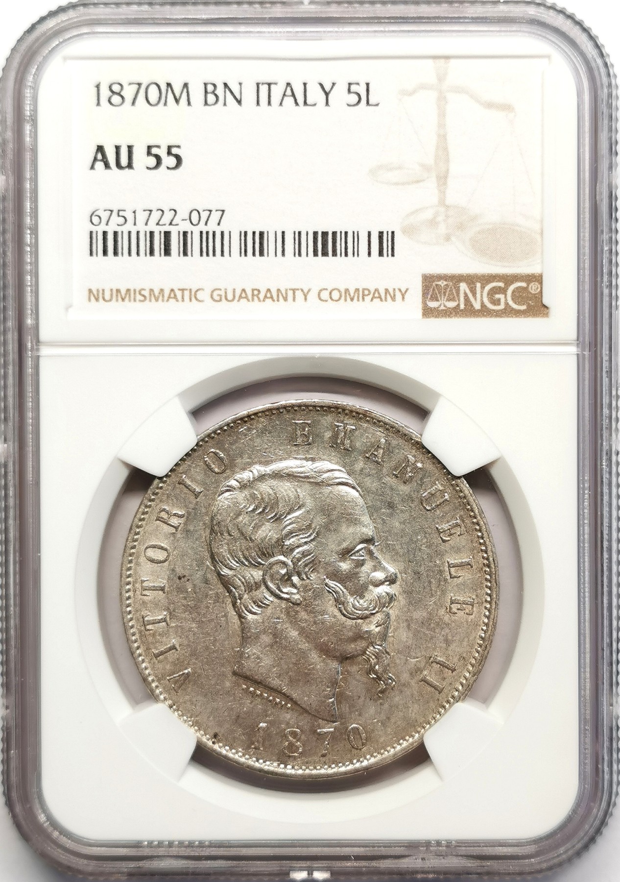 凡希社世界钱币微拍第二百五十期 1870意大利埃曼努尔二世5里拉大银NGC-AU55