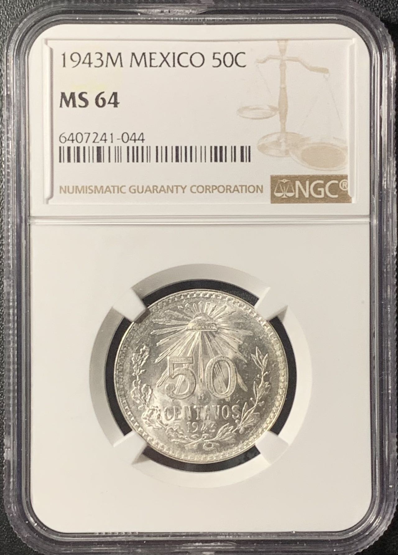 紫瑗钱币——第315期拍卖 墨西哥 1943年 M版 鹰洋 50分 银币 NGC MS64