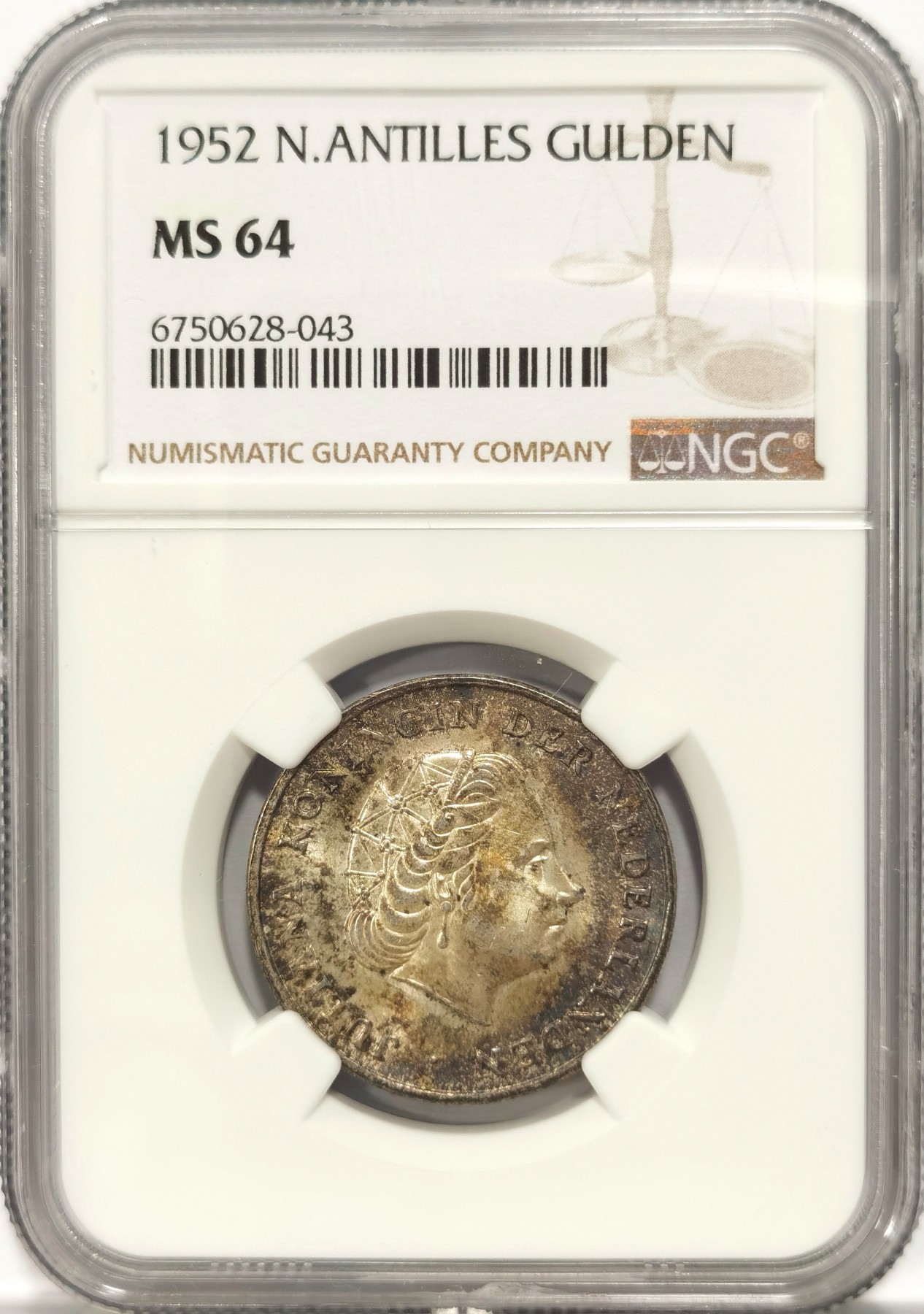 博洋堂世界钱币拍卖第047期（全场包邮） NGC MS64 荷属安的列斯1952年朱莉安娜女王1盾银币，带彩包浆