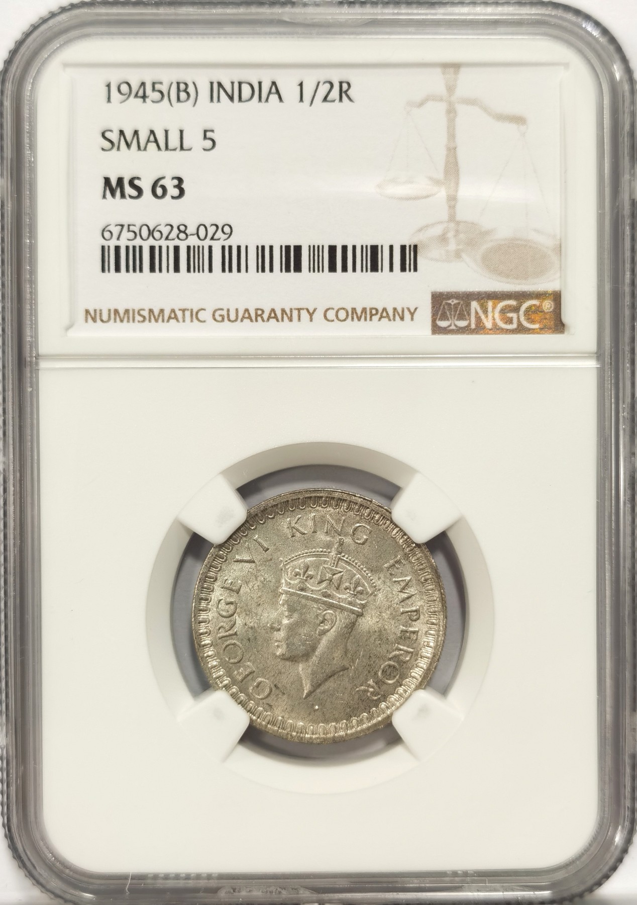 博洋堂世界钱币拍卖第047期（全场包邮） NGC MS63 英属印度1945年B版乔治六世1/2卢比银币