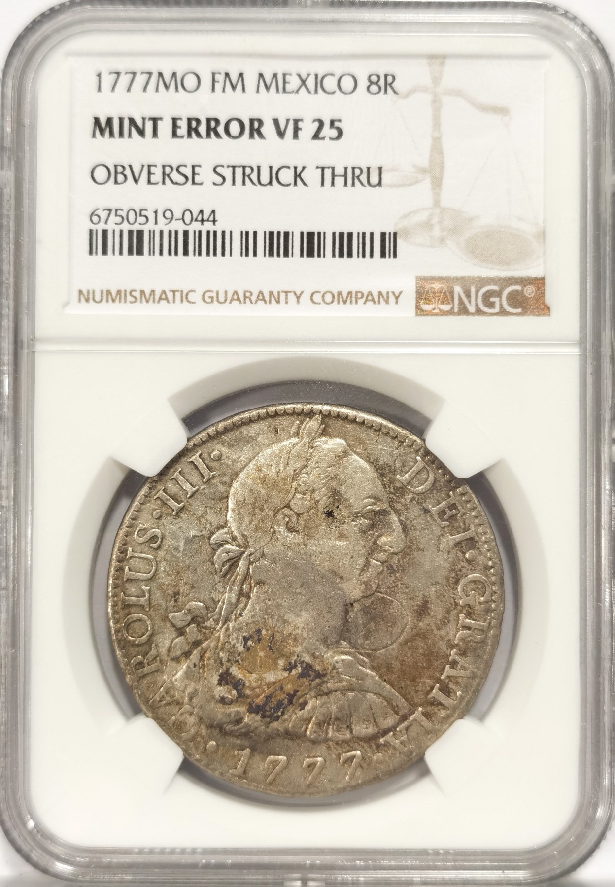 博洋堂世界钱币拍卖第047期（全场包邮） NGC VF25 Mint Error 西属墨西哥1777年MO FM卡洛斯三世双柱银币，少见坯饼压印错误
