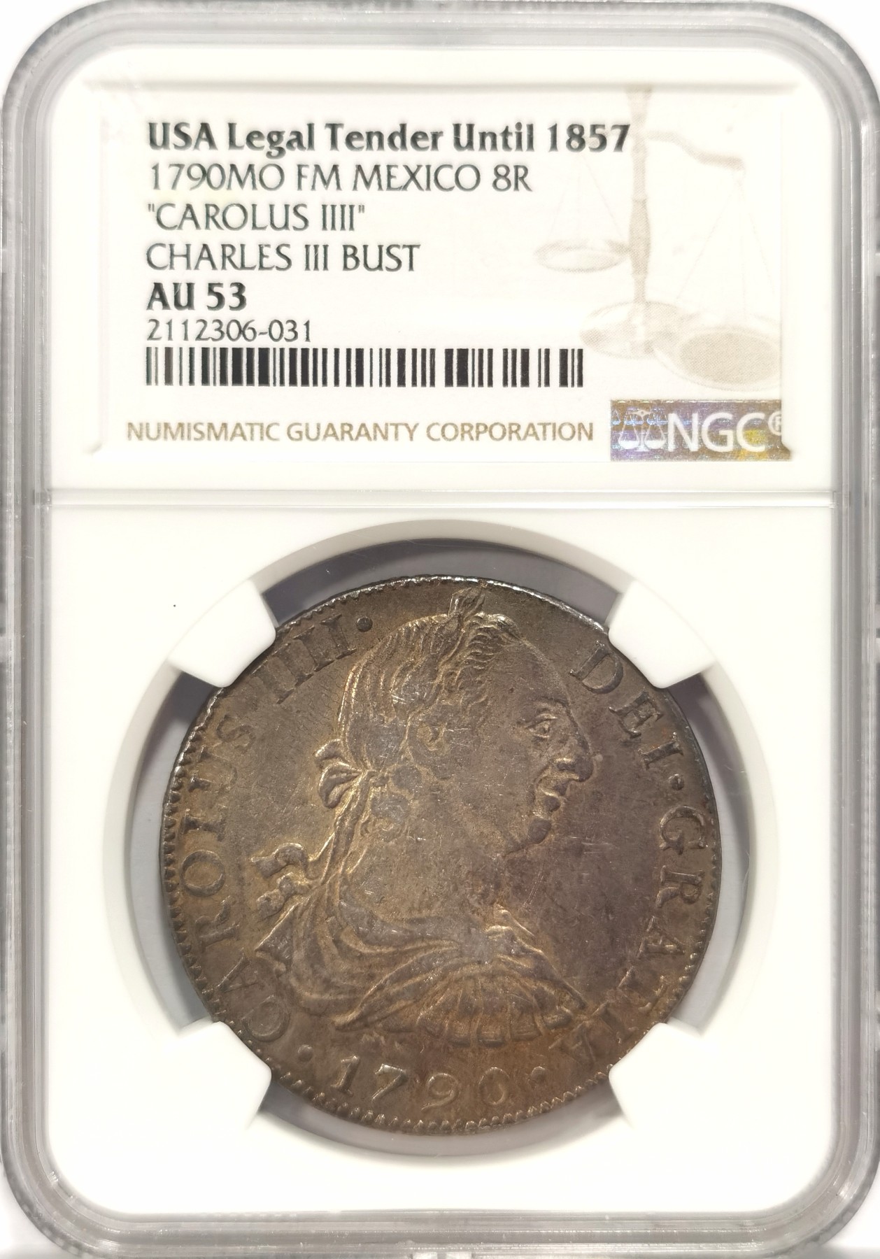 博洋堂世界钱币拍卖第047期（全场包邮） NGC AU53 西属墨西哥1790年卡洛斯三世双柱银币，过渡年份IIII版，比1789年少，标签显示曾在1857年前作为美国法定货币