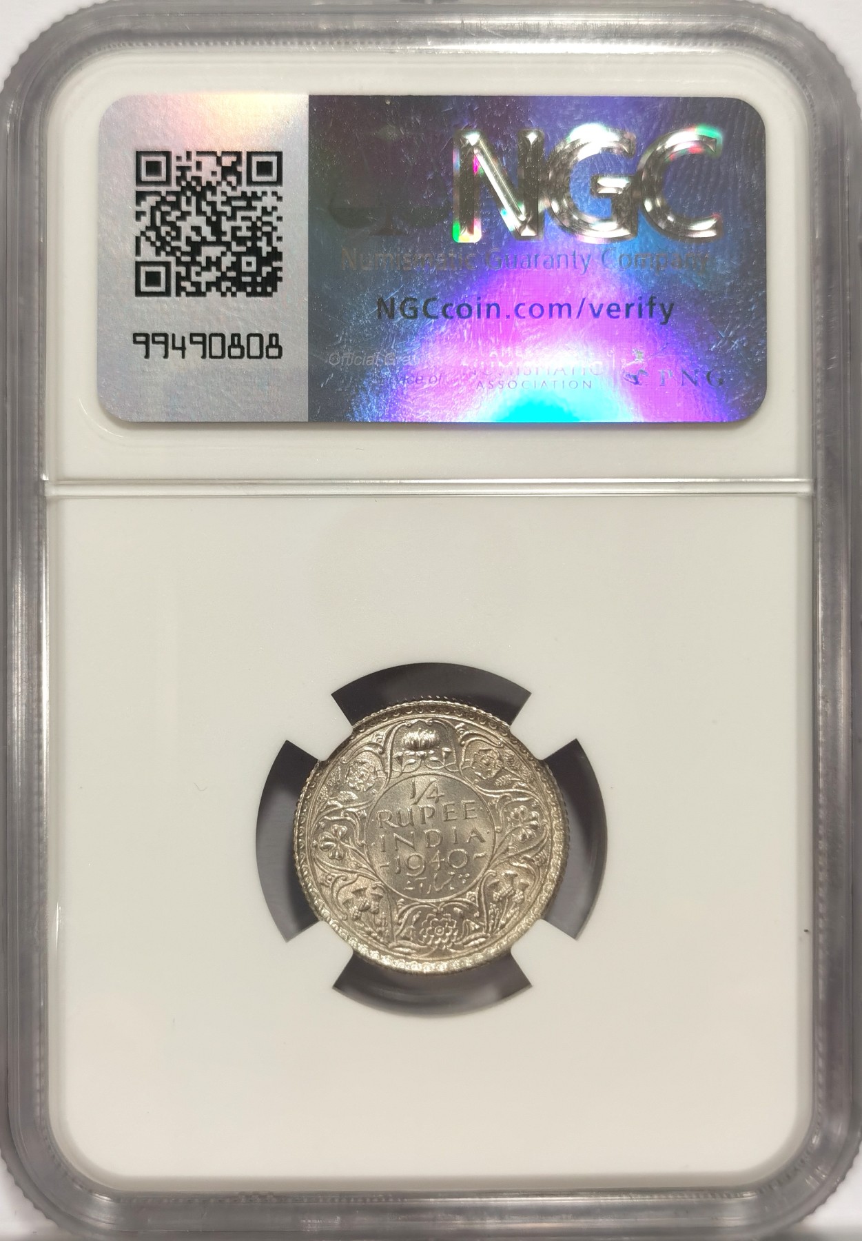 博洋堂世界钱币拍卖第047期（全场包邮） NGC MS63 英属印度1940年C版乔治六世1/4卢比银币