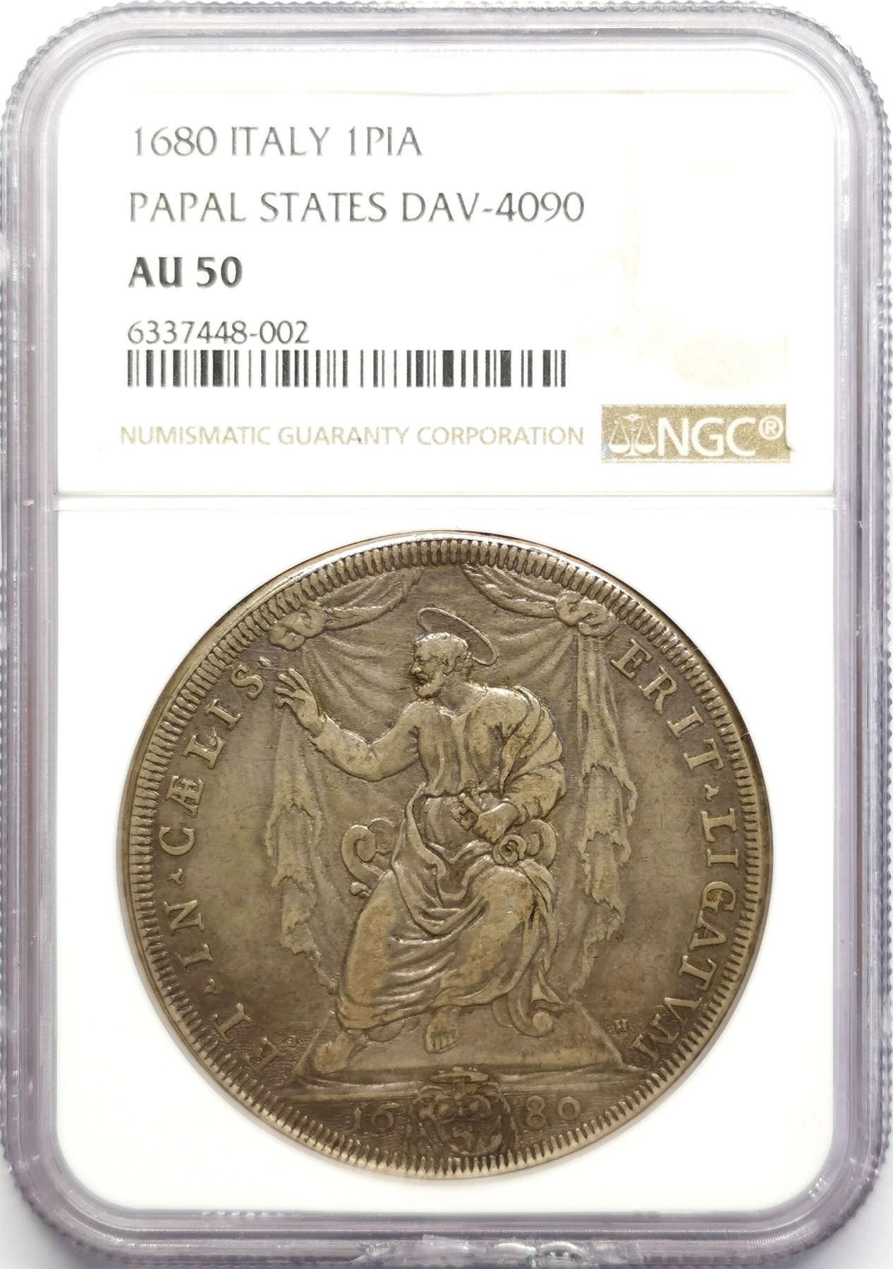 凡希社世界钱币微拍第二百五十期 1680教皇国圣彼得登基皮亚斯特大银NGC-AU50包浆醇熟好味道！