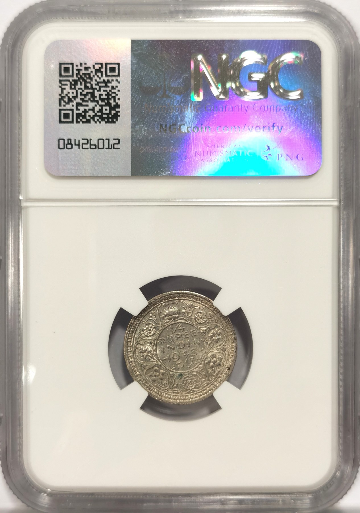 博洋堂世界钱币拍卖第047期（全场包邮） NGC MS63 英属印度1943年B版乔治六世1/4卢比银币