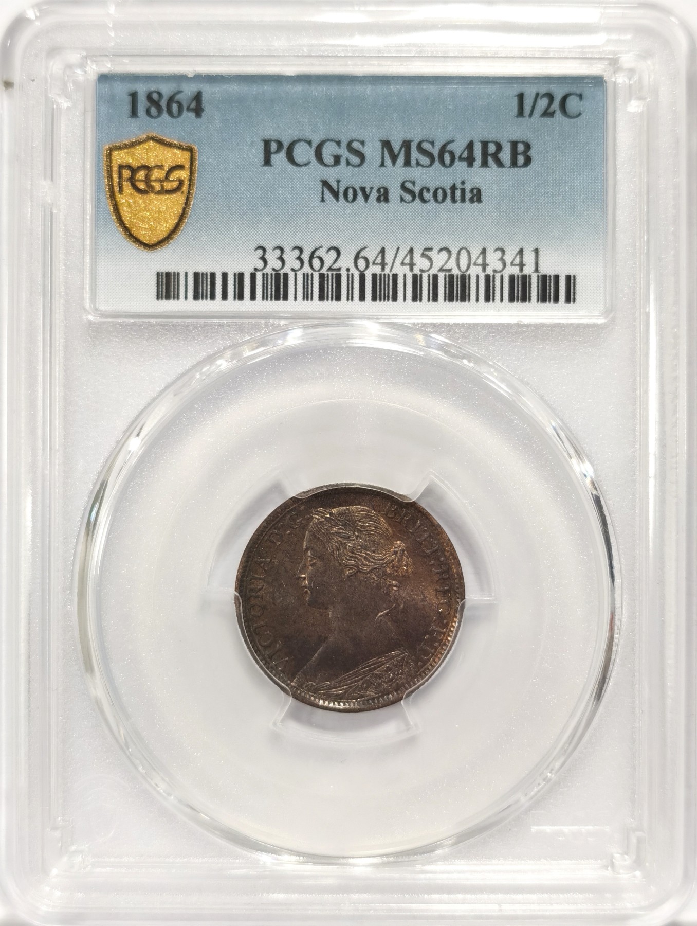 博洋堂世界钱币拍卖第047期（全场包邮） PCGS MS64RB 英属加拿大新斯科舍省1864年维多利亚1/2便士，少见品种，高分更是难得