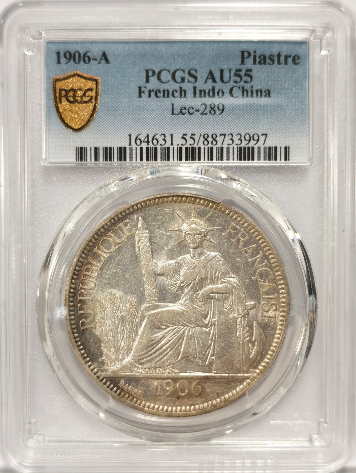博洋堂世界钱币拍卖第047期（全场包邮） PCGS AU55 1906年A版印支坐洋，镜面原光，UNC品质，PC实属低评